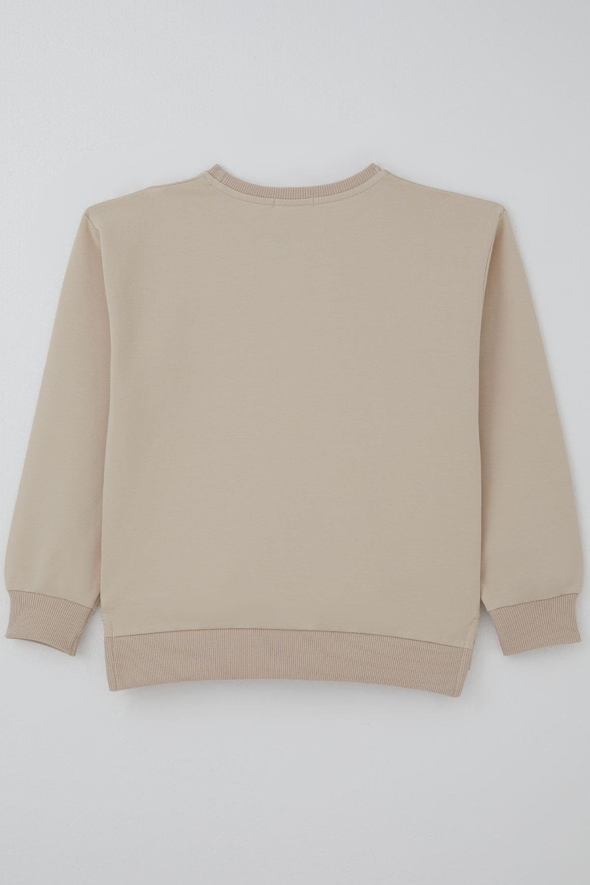 Breeze Kız Çocuk Sweatshirt Simli Kurdeleli Kalp Baskılı Bej (9-14 Yaş)