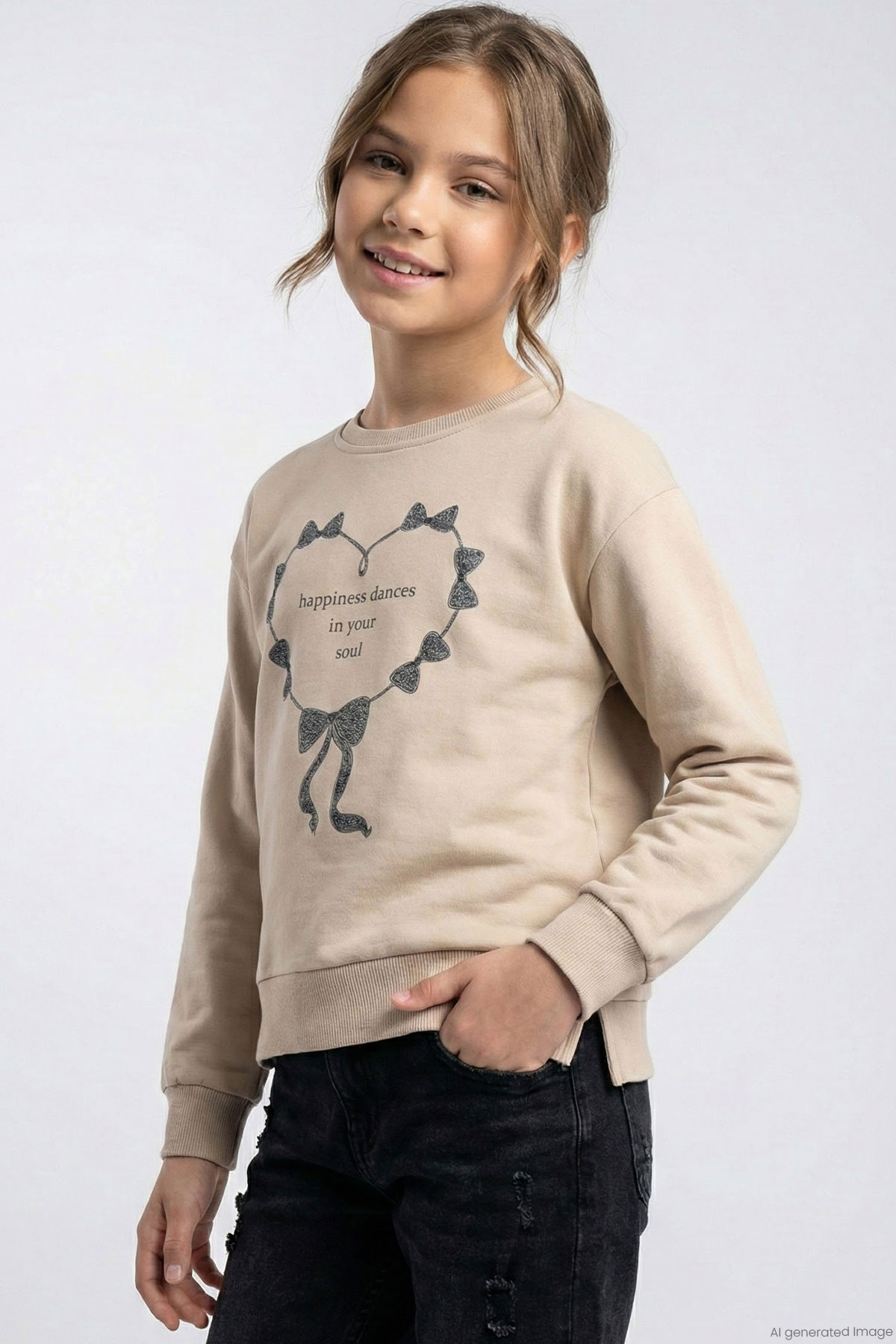 Breeze Kız Çocuk Sweatshirt Simli Kurdeleli Kalp Baskılı Bej (9-14 Yaş)