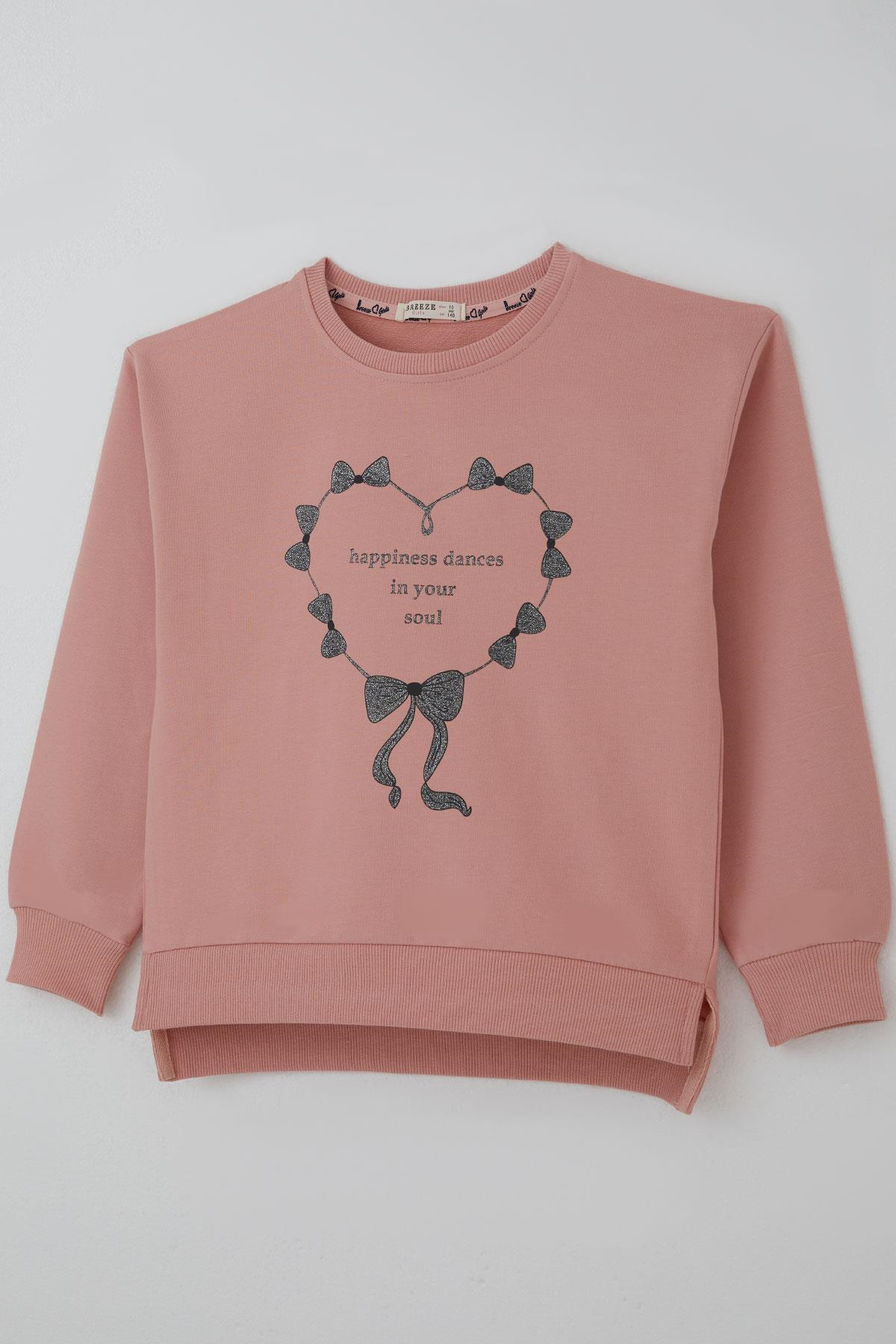 Breeze Kız Çocuk Sweatshirt Simli Kurdeleli Kalp Baskılı Gülkurusu (9-14 Yaş)