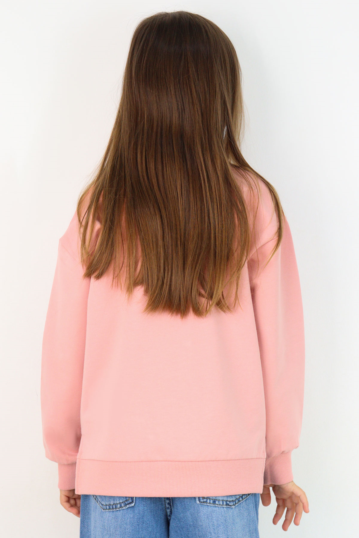 Breeze Kız Çocuk Sweatshirt Simli Kurdeleli Kalp Baskılı Gülkurusu (9-14 Yaş)