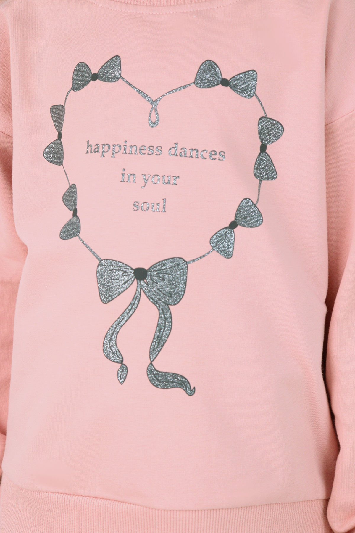 Breeze Kız Çocuk Sweatshirt Simli Kurdeleli Kalp Baskılı Gülkurusu (9-14 Yaş)