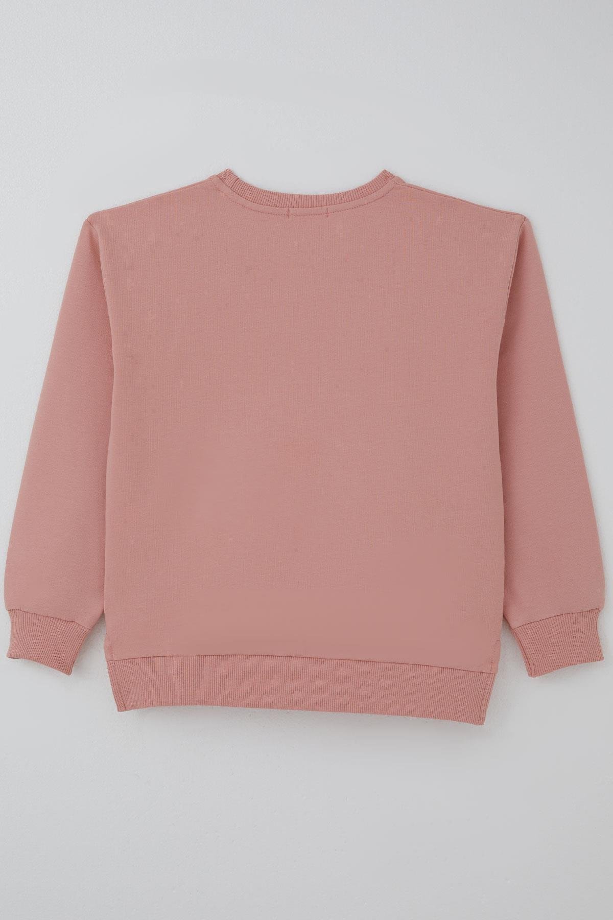 Breeze Kız Çocuk Sweatshirt Simli Kurdeleli Kalp Baskılı Gülkurusu (9-14 Yaş)