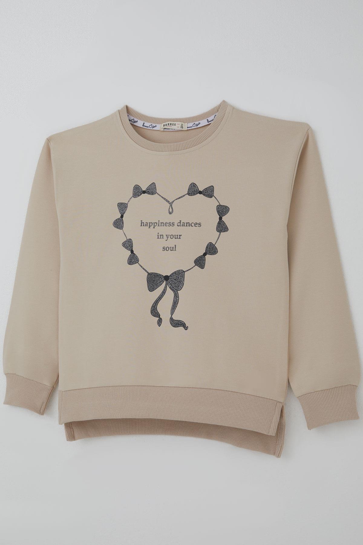 Breeze Kız Çocuk Sweatshirt Simli Kurdeleli Kalp Baskılı Bej (9-14 Yaş)