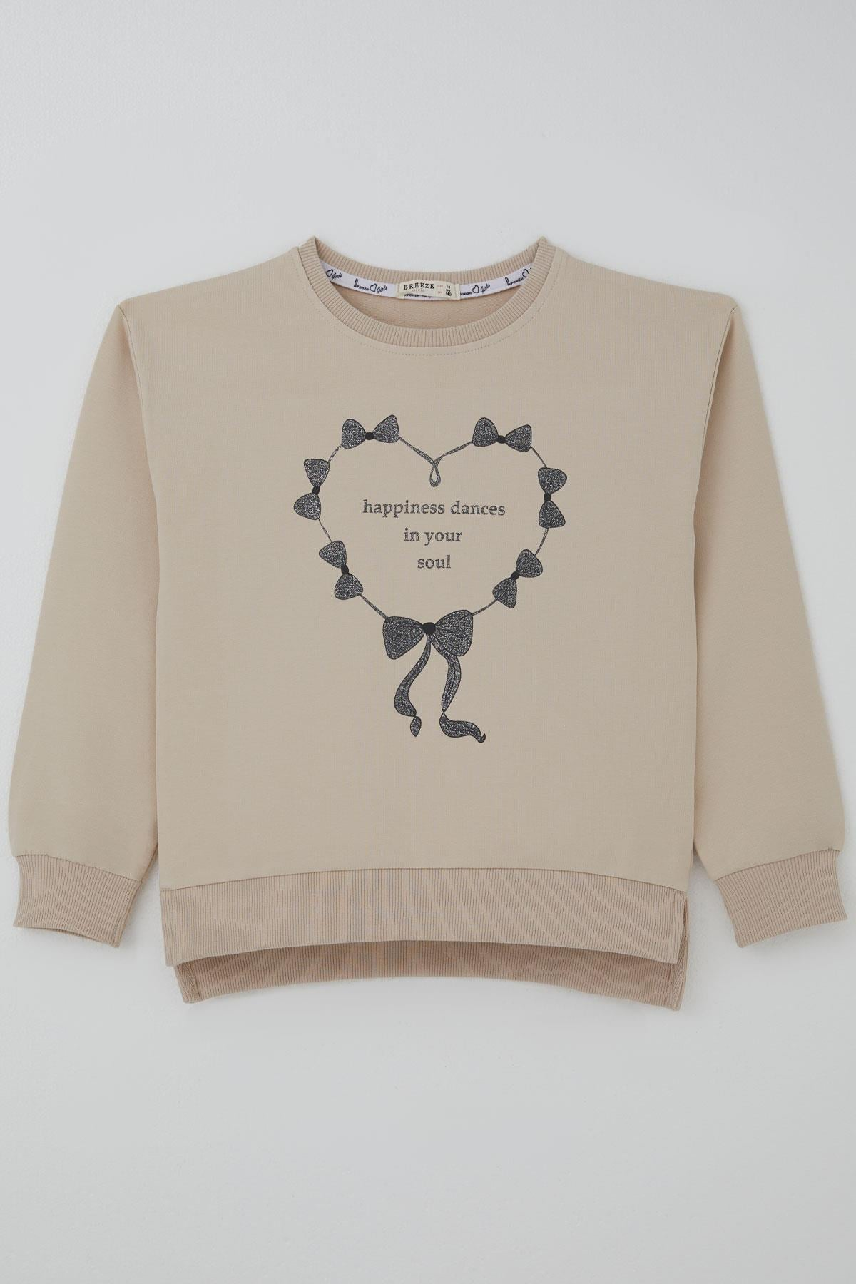 Breeze Kız Çocuk Sweatshirt Simli Kurdeleli Kalp Baskılı Bej (9-14 Yaş)