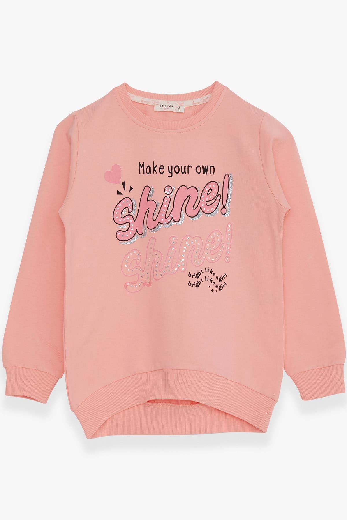 Breeze Kız Çocuk Sweatshirt Simli Pullu Yazı Baskılı Somon (8-12 Yaş)