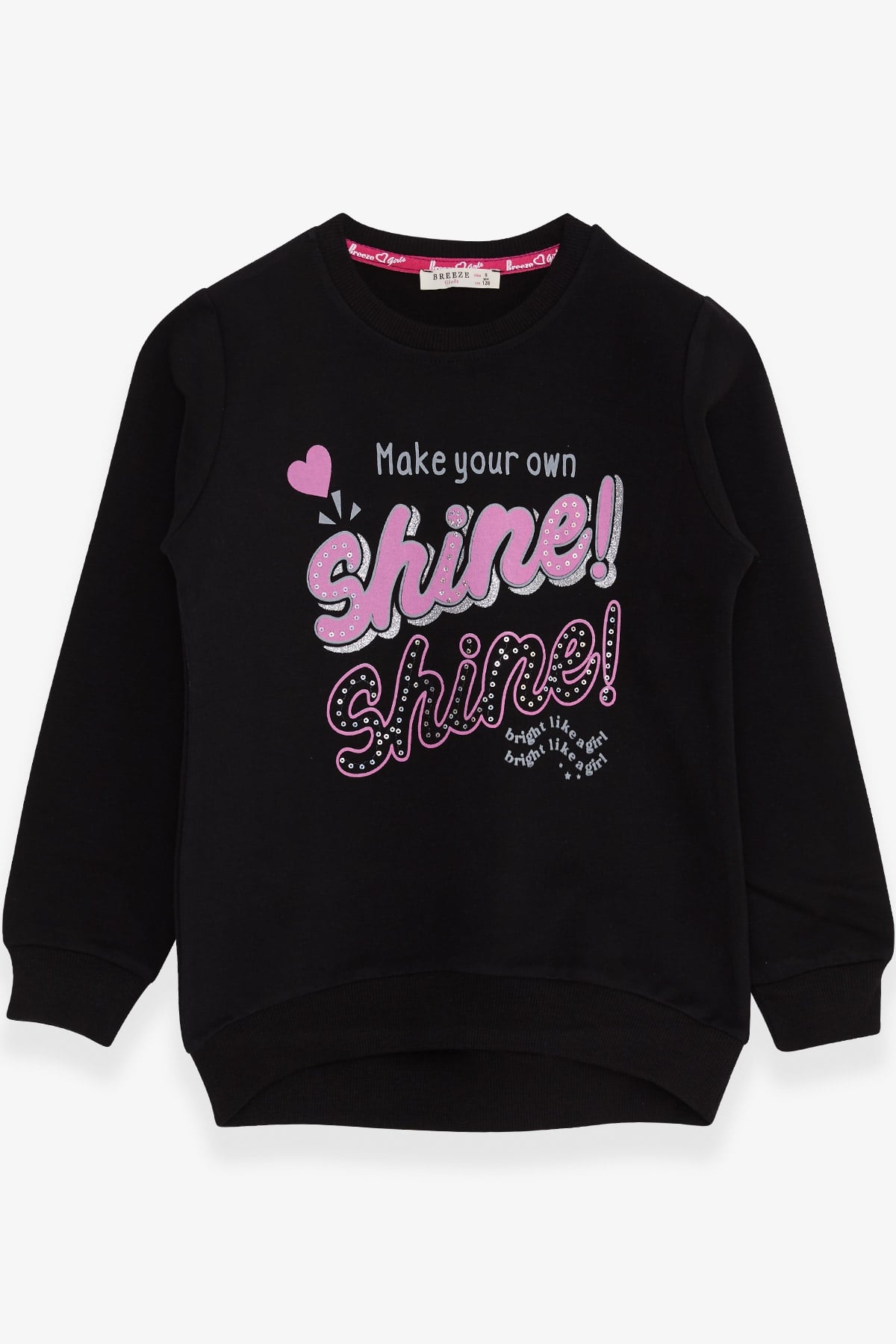 Breeze Kız Çocuk Sweatshirt Simli Pullu Yazı Baskılı Siyah (8-12 Yaş)