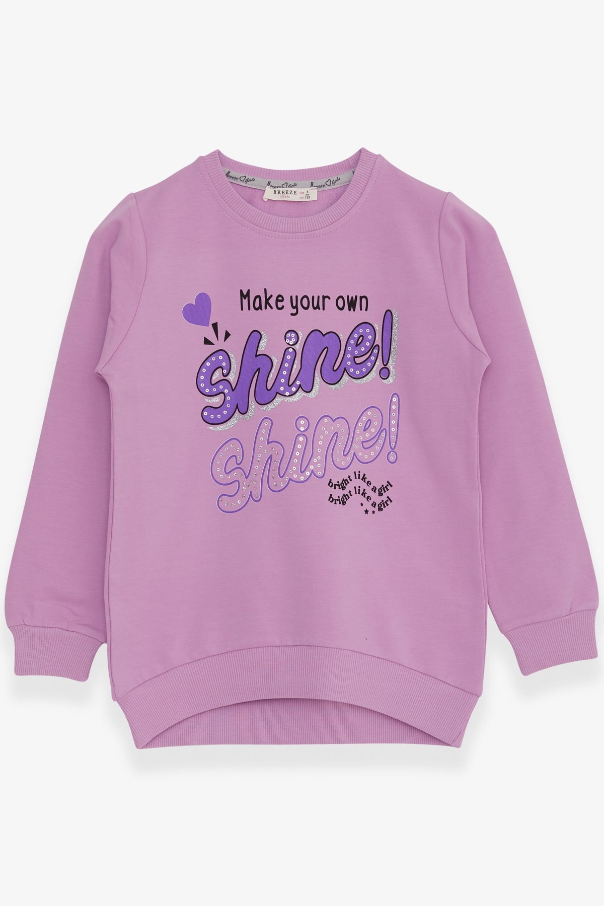 Breeze Kız Çocuk Sweatshirt Simli Pullu Yazı Baskılı Eflatun (8-12 Yaş)