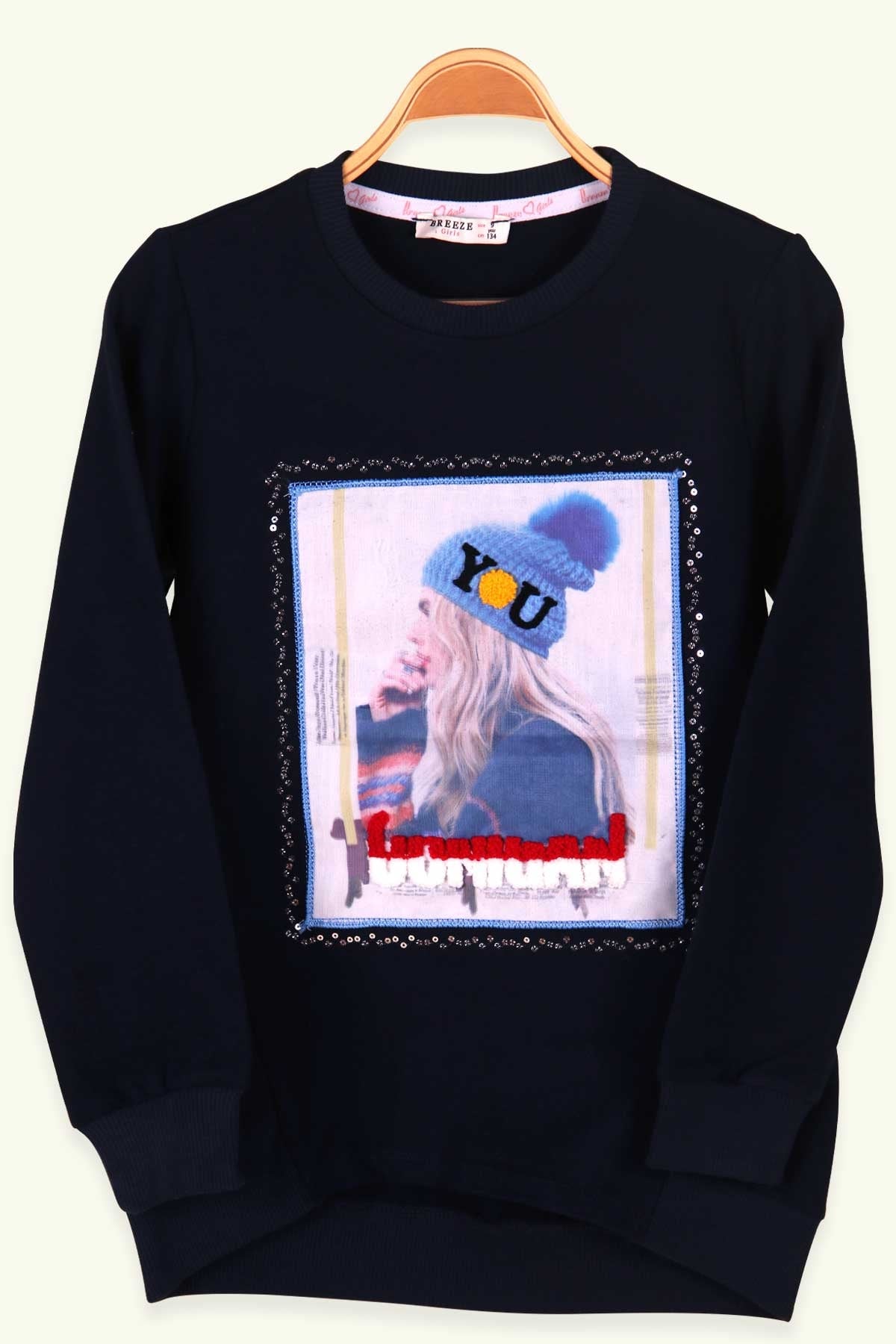 Breeze Kız Çocuk Sweatshirt Süzene Nakışlı Baskılı Lacivert (9-14 Yaş)