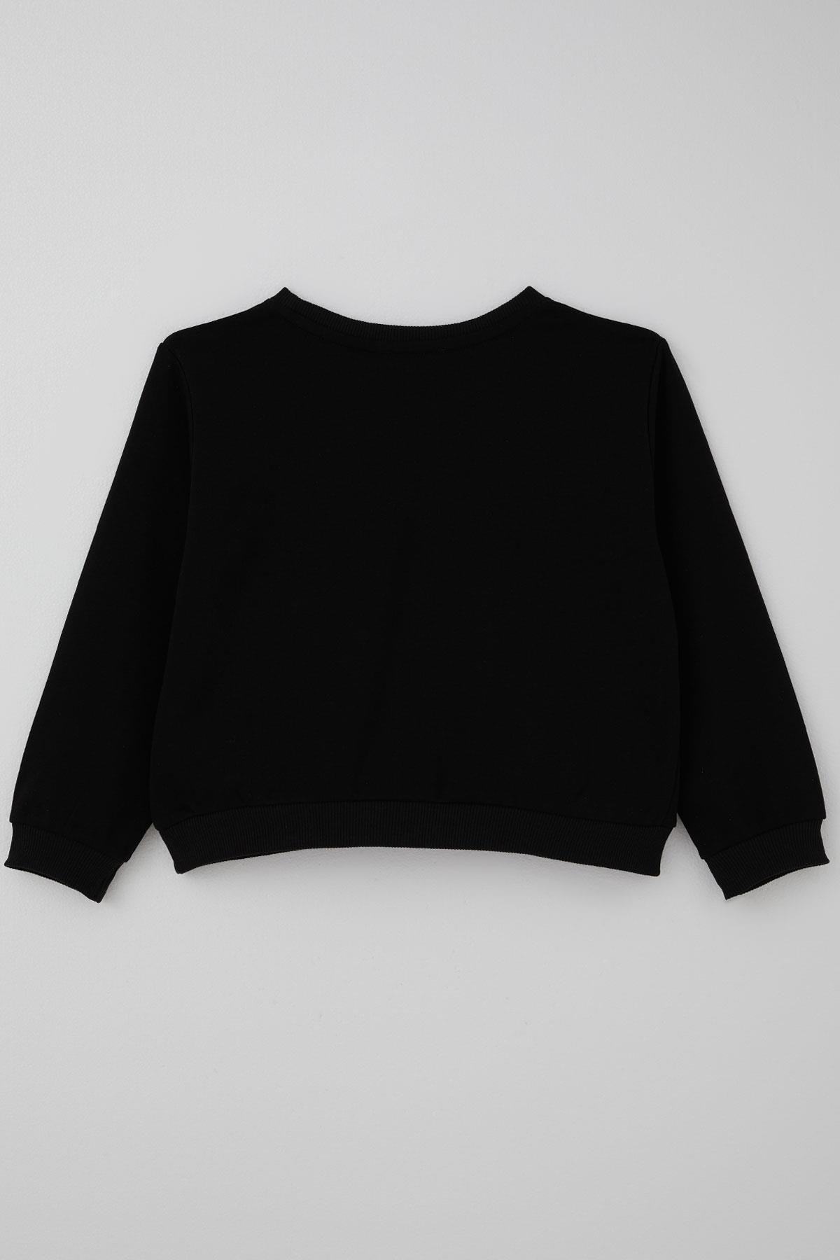 Breeze Kız Çocuk Sweatshirt Taşlı Kalp Baskılı Siyah (7-12 Yaş)