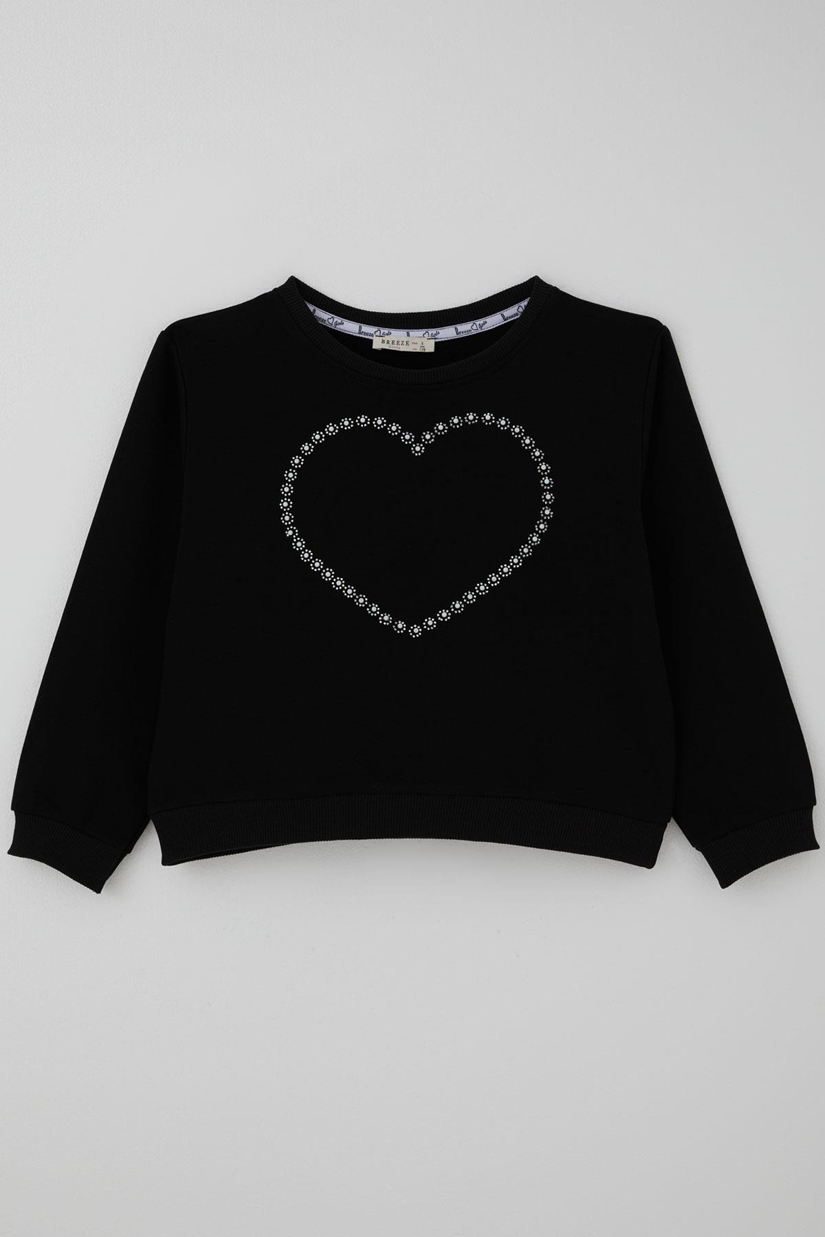 Breeze Kız Çocuk Sweatshirt Taşlı Kalp Baskılı Siyah (7-12 Yaş)