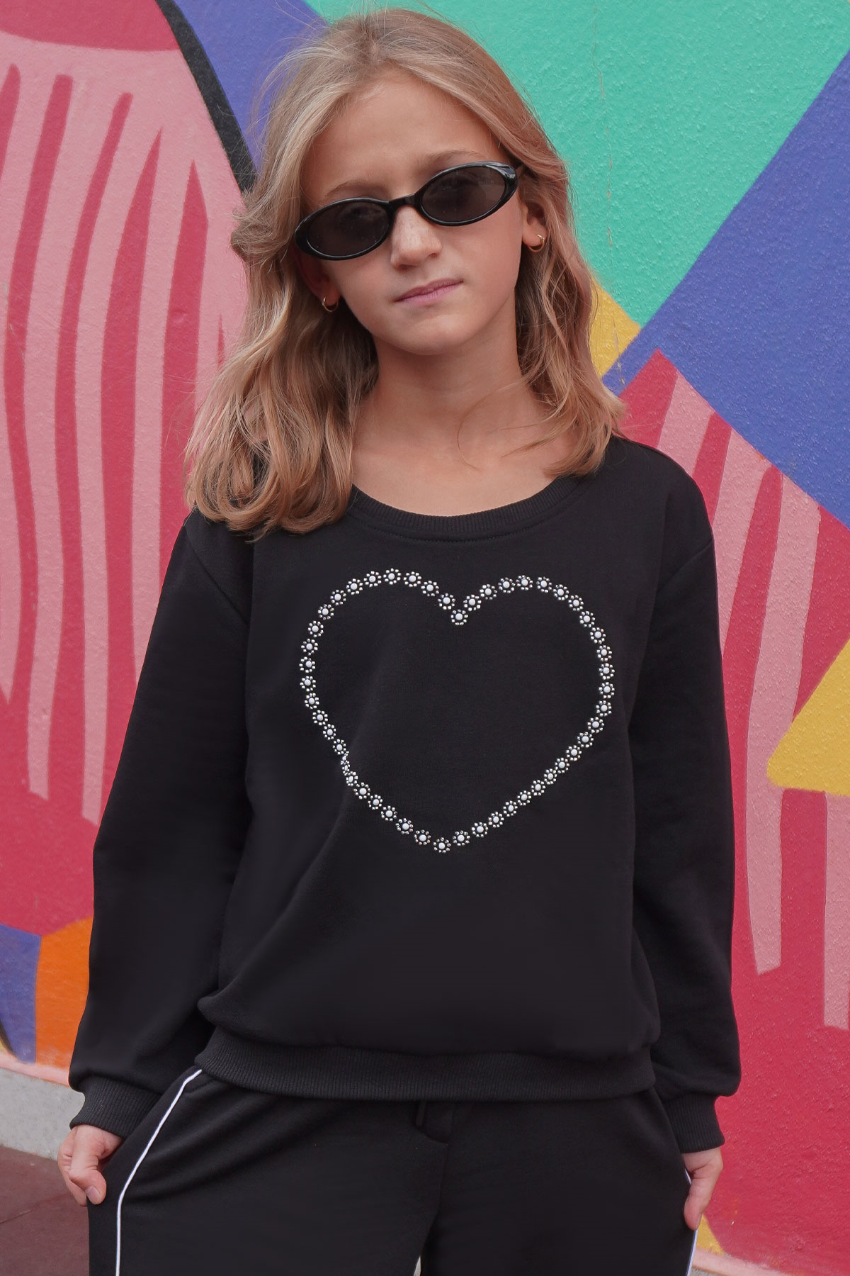 Breeze Kız Çocuk Sweatshirt Taşlı Kalp Baskılı Siyah (7-12 Yaş)