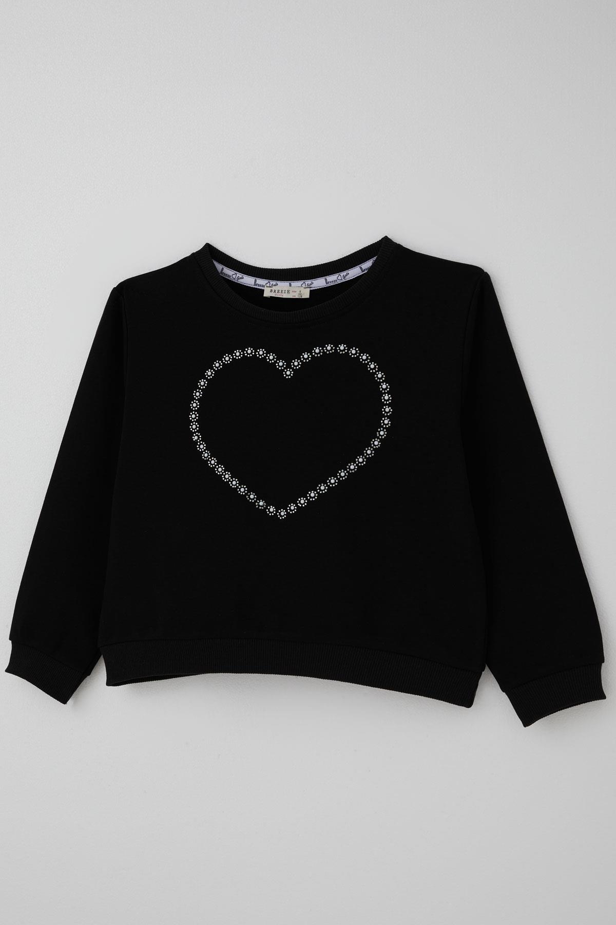Breeze Kız Çocuk Sweatshirt Taşlı Kalp Baskılı Siyah (7-12 Yaş)