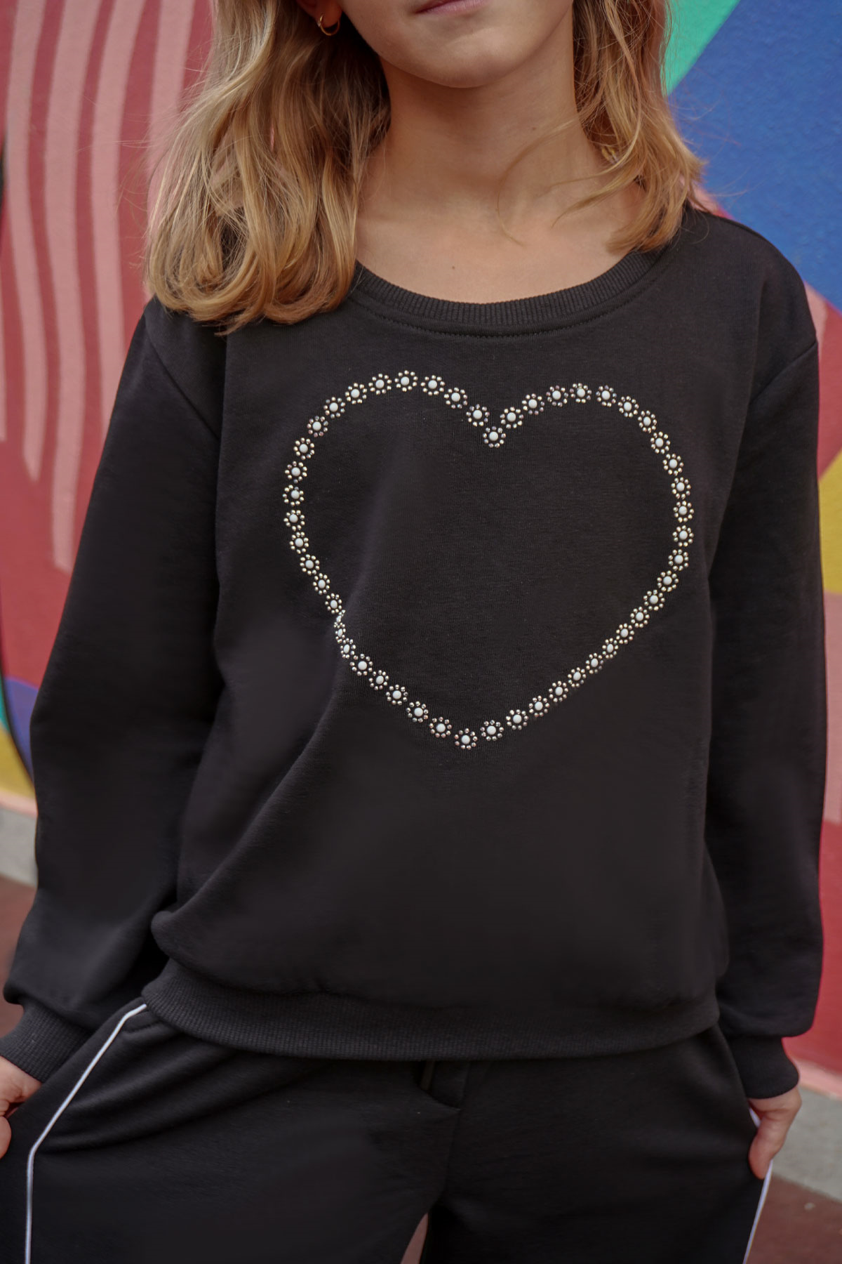Breeze Kız Çocuk Sweatshirt Taşlı Kalp Baskılı Siyah (7-12 Yaş)