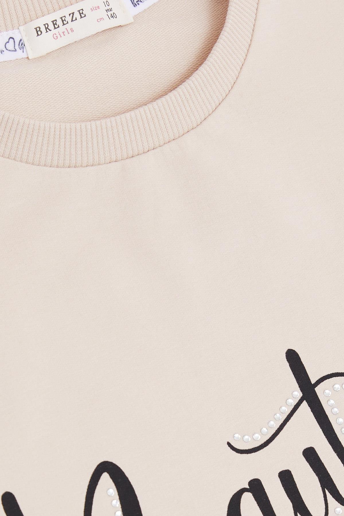 Breeze Kız Çocuk Sweatshirt Taşlı Yazı Baskılı Bej (9-14 Yaş)