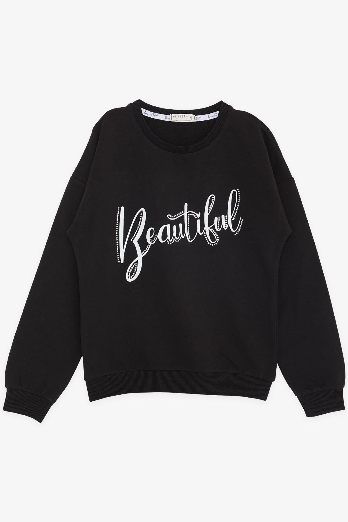 Breeze Kız Çocuk Sweatshirt Taşlı Yazı Baskılı Siyah (9-14 Yaş)