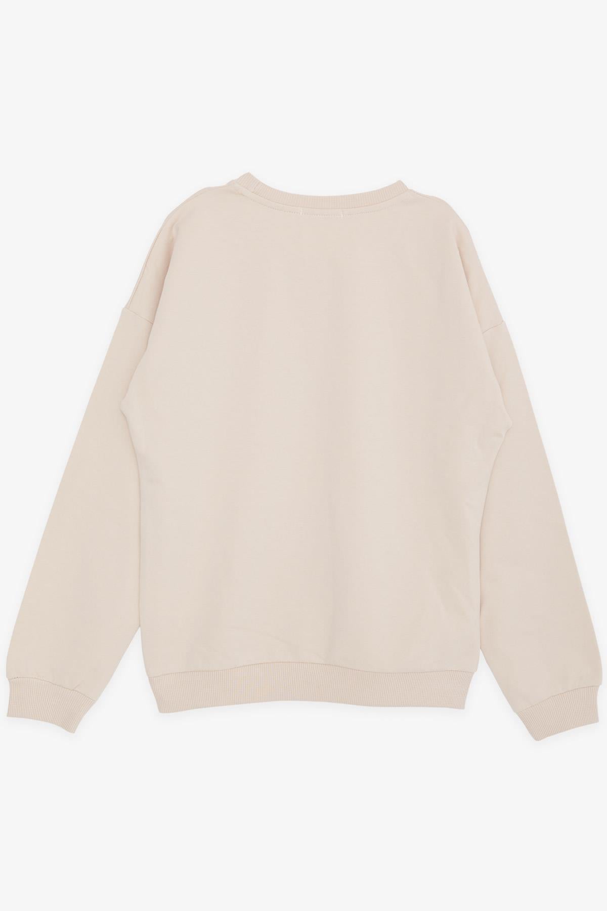 Breeze Kız Çocuk Sweatshirt Taşlı Yazı Baskılı Bej (9-14 Yaş)