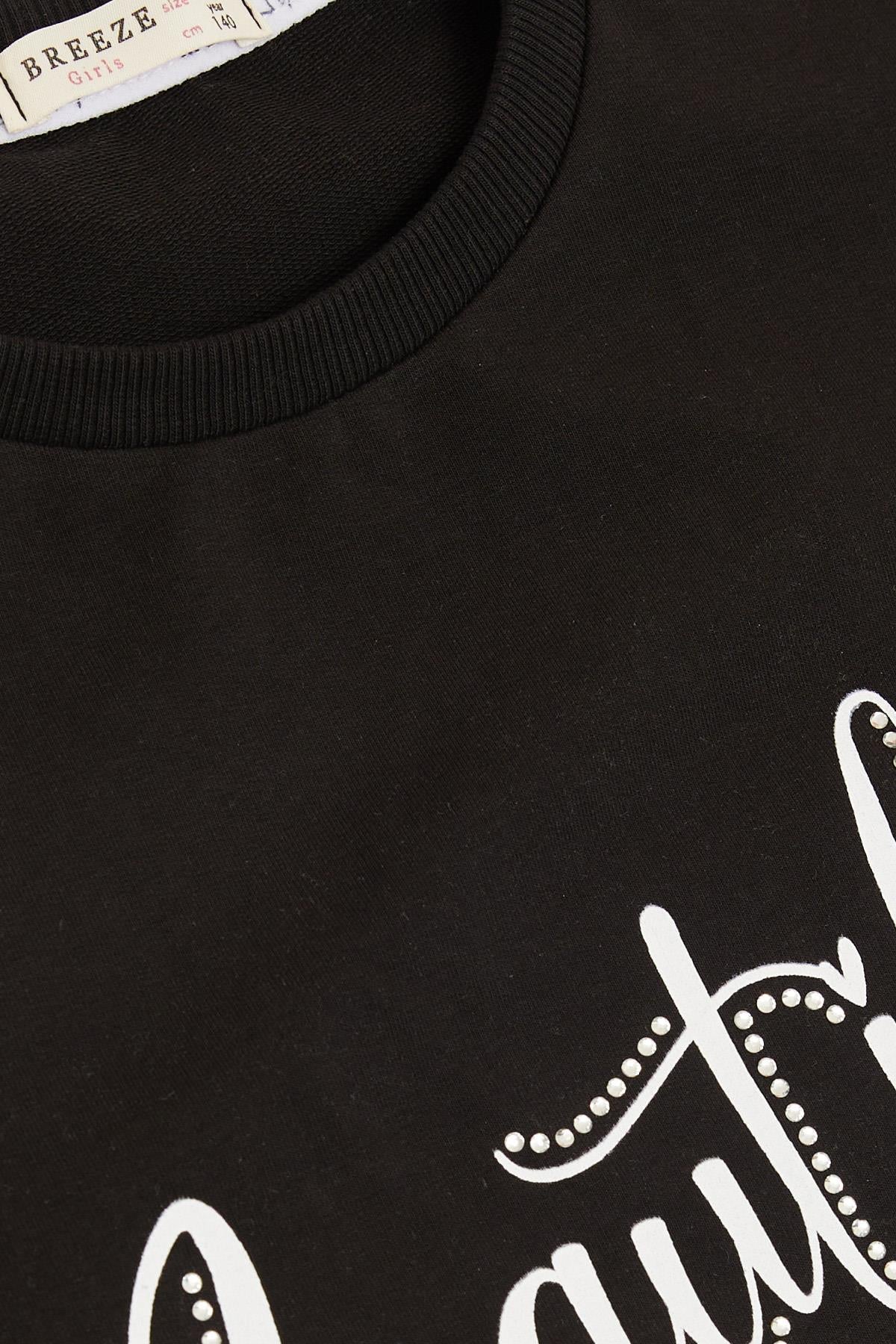 Breeze Kız Çocuk Sweatshirt Taşlı Yazı Baskılı Siyah (9-14 Yaş)