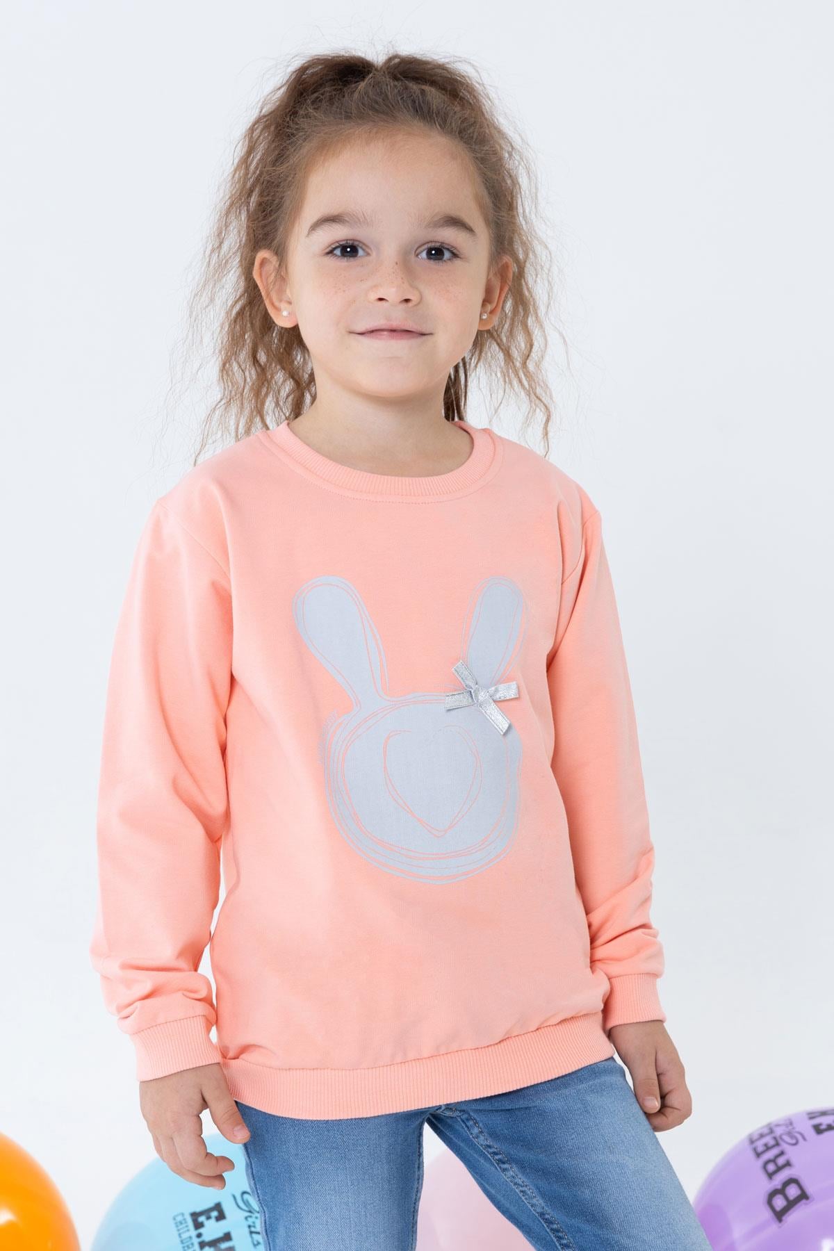 Breeze Kız Çocuk Sweatshirt Tavşan Baskılı Fiyonklu Somon (4 Yaş)