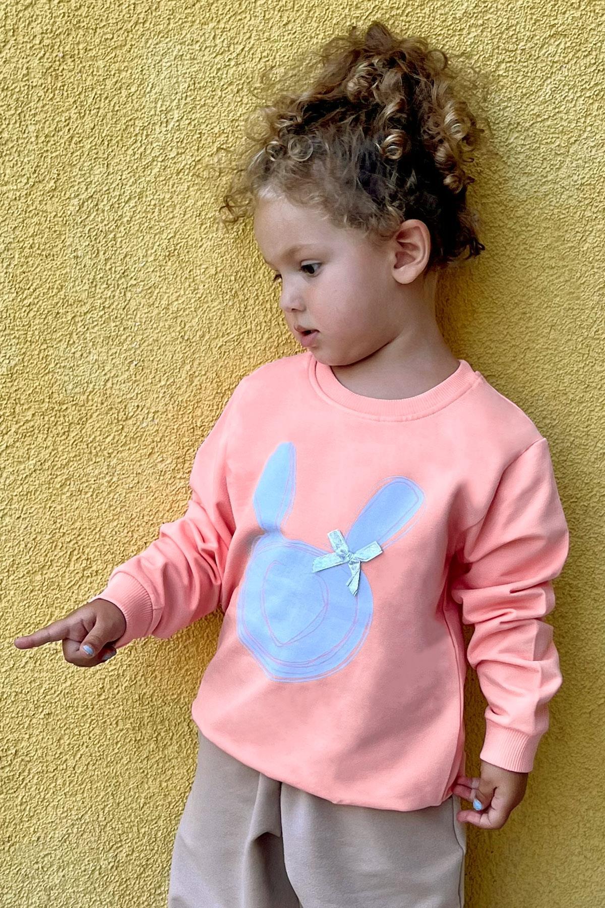 Breeze Kız Çocuk Sweatshirt Tavşan Baskılı Fiyonklu Somon (4 Yaş)