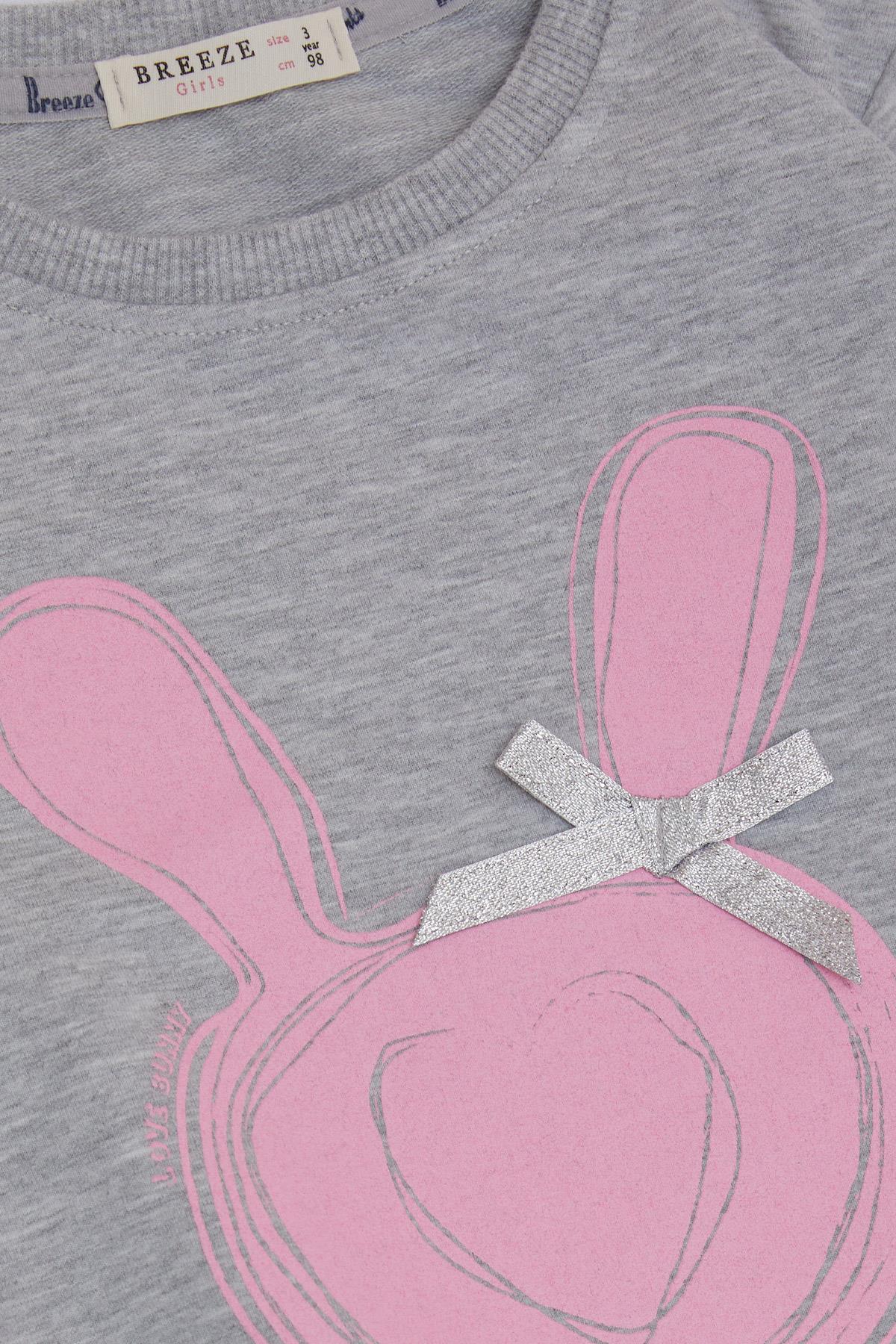 Breeze Kız Çocuk Sweatshirt Tavşan Baskılı Fiyonklu Açık Gri Melanj (3-8 Yaş)