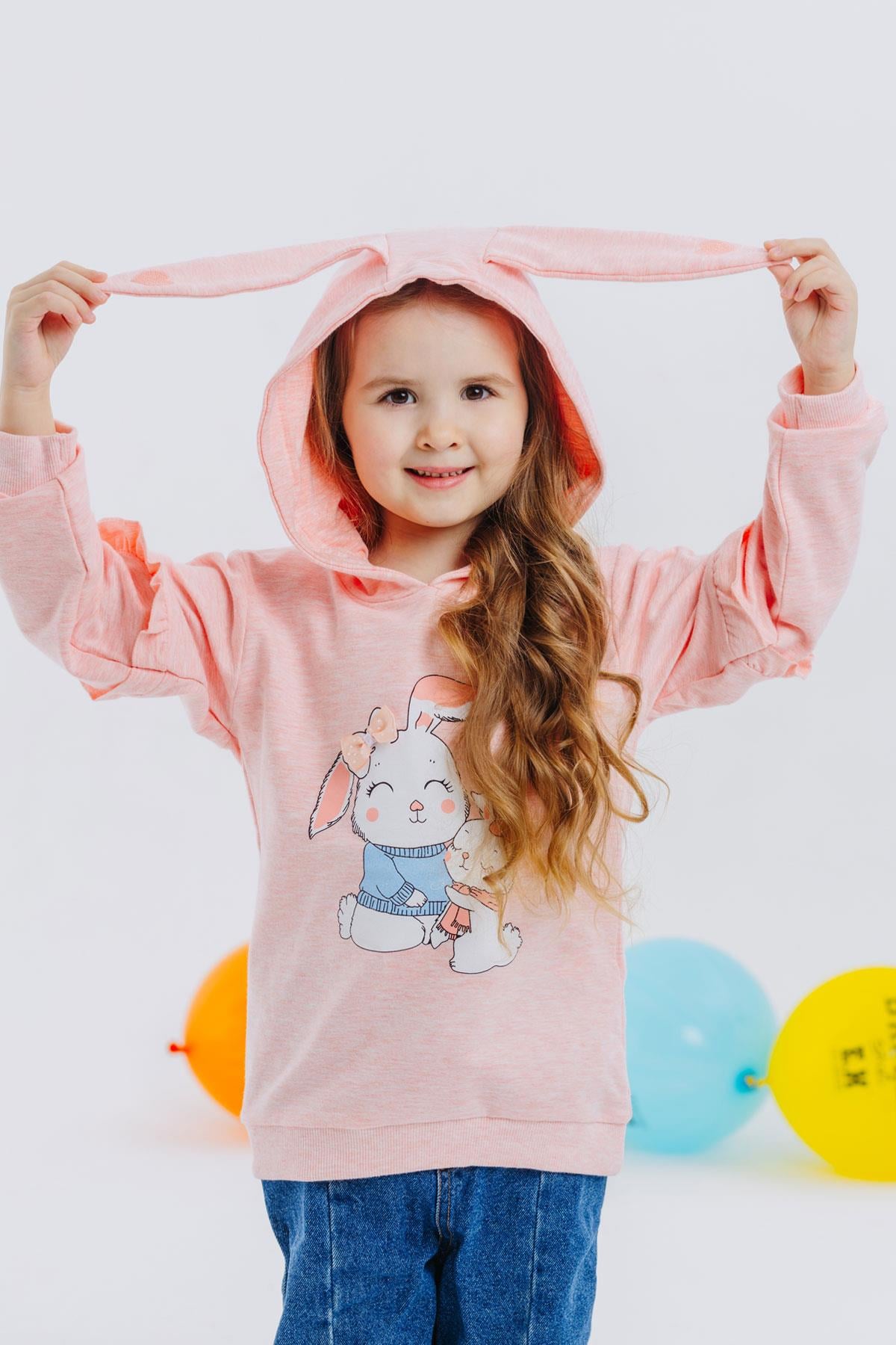 Breeze Kız Çocuk Sweatshirt Tavşancık Baskılı Somon Melanj (1.5-5 Yaş)