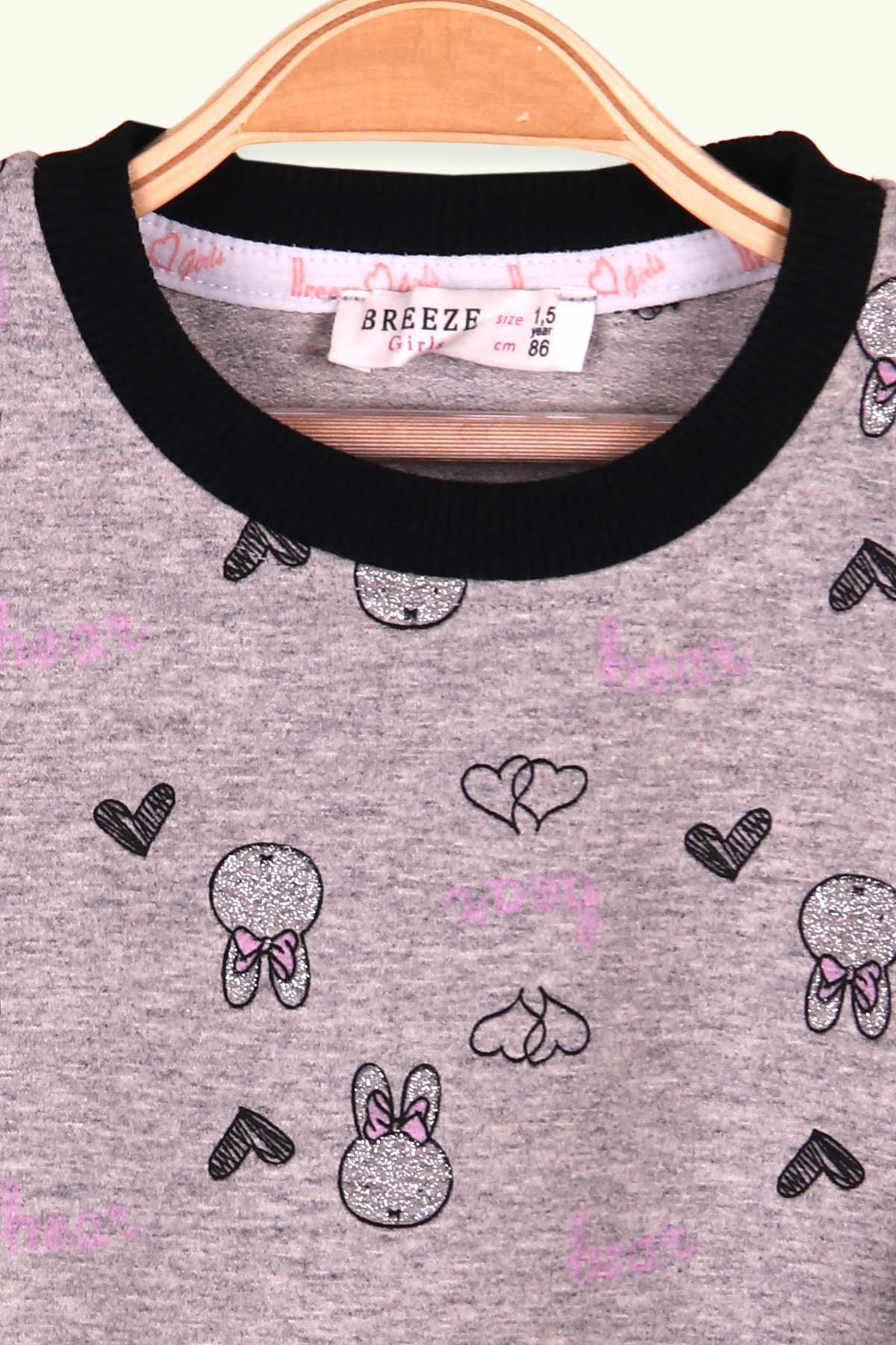 Breeze Kız Çocuk Sweatshirt Tavşanı Simli Baskılı Füme (1.5-5 Yaş)