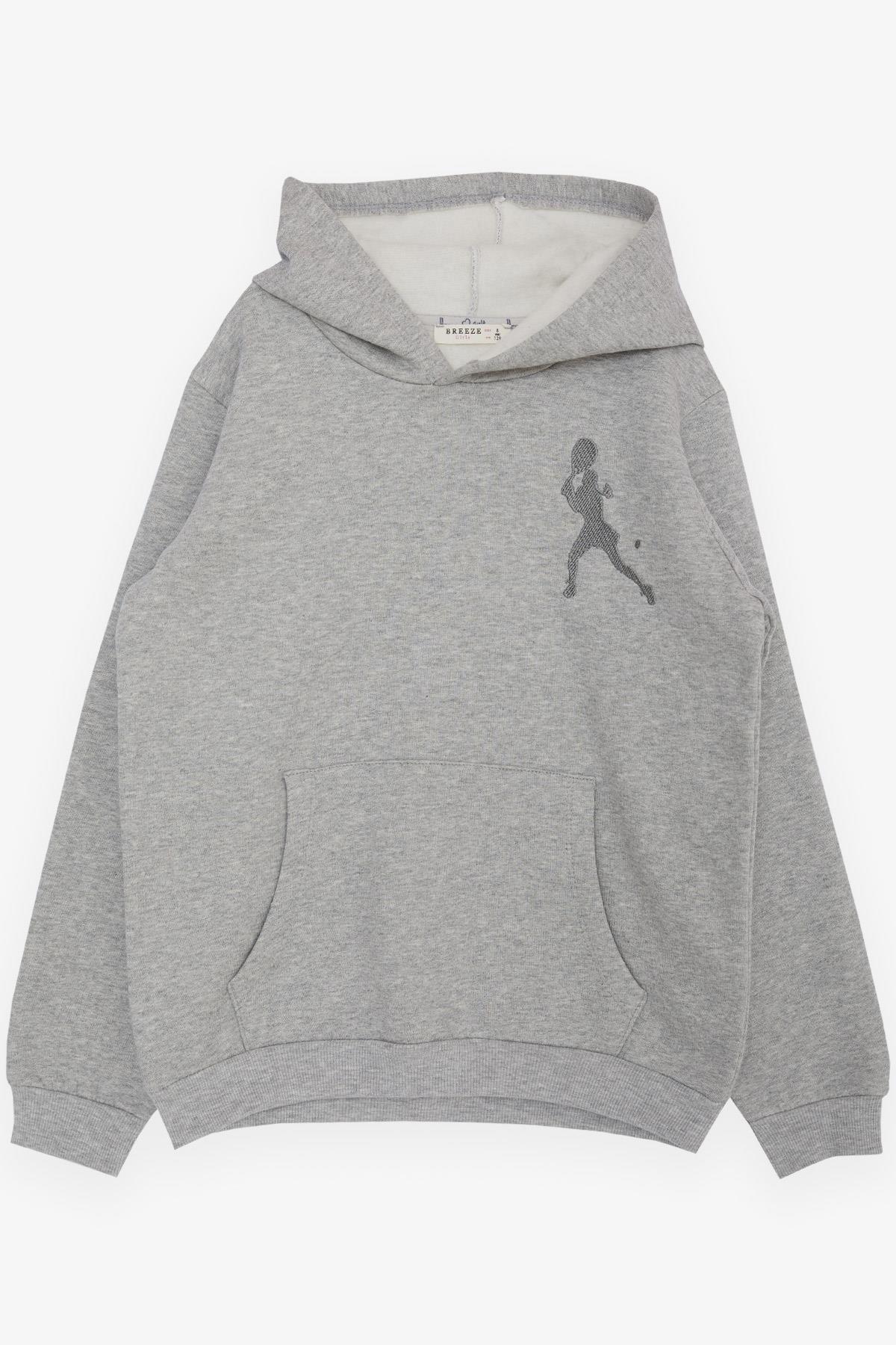 Breeze Kız Çocuk Sweatshirt Tenis Sporcusu Kız Nakışlı Kapüşonlu Gri Melanj (4-8 Yaş)