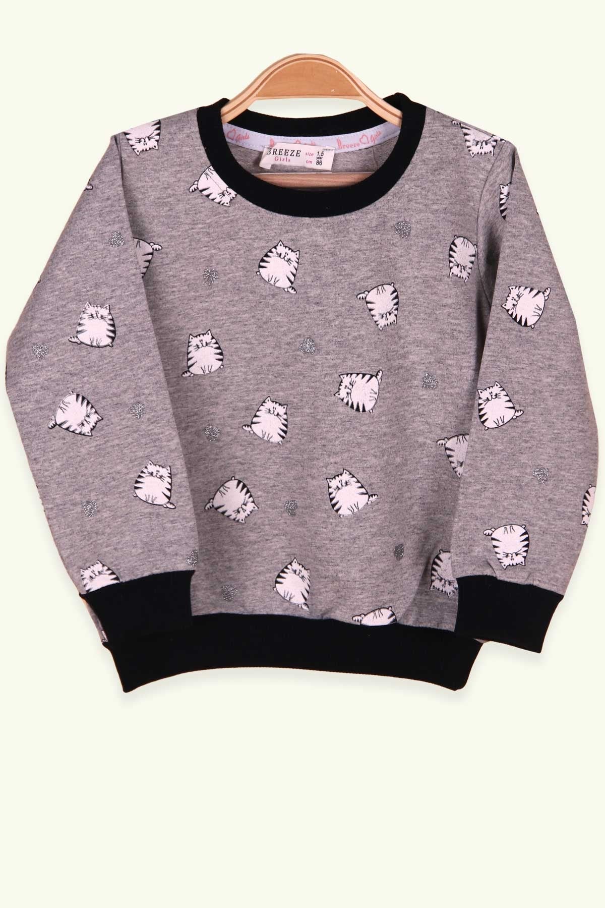 Breeze Kız Çocuk Sweatshirt Tombul Kedi Baskılı Füme (1.5-5 Yaş)