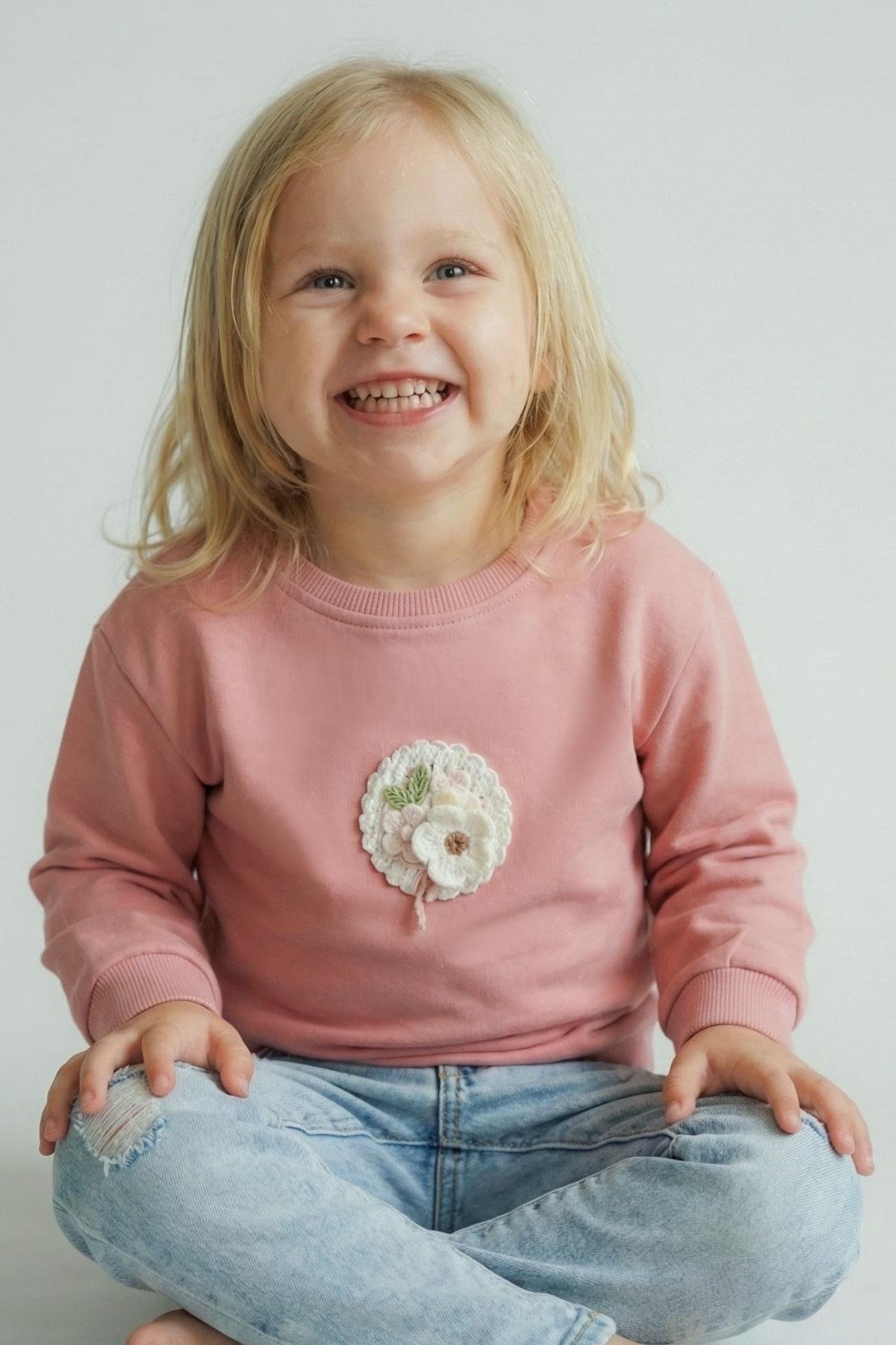 Breeze Kız Çocuk Sweatshirt Triko Çiçek Aplike Armalı Gülkurusu (2-6 Yaş)