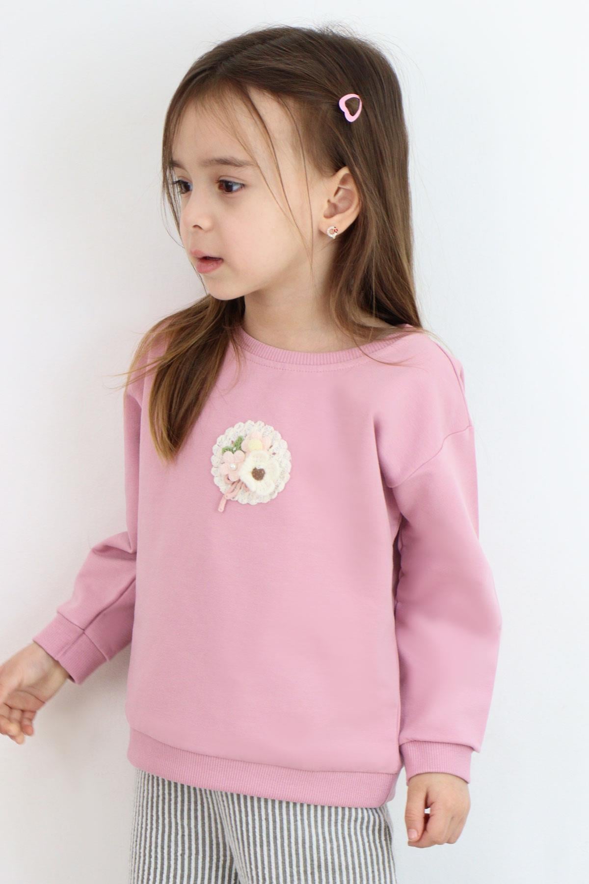 Breeze Kız Çocuk Sweatshirt Triko Çiçek Aplike Armalı Gülkurusu (2-6 Yaş)