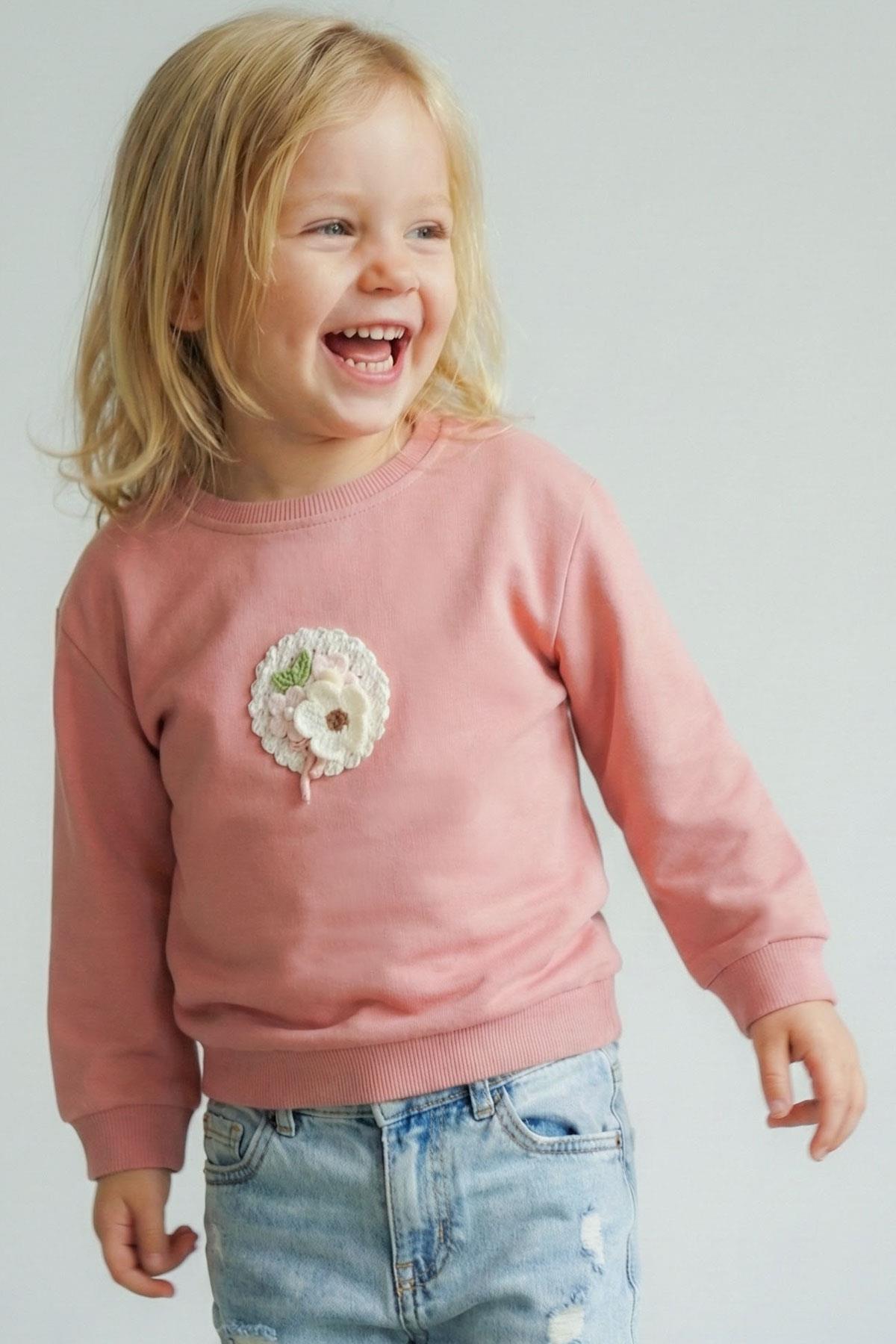 Breeze Kız Çocuk Sweatshirt Triko Çiçek Aplike Armalı Gülkurusu (2-6 Yaş)