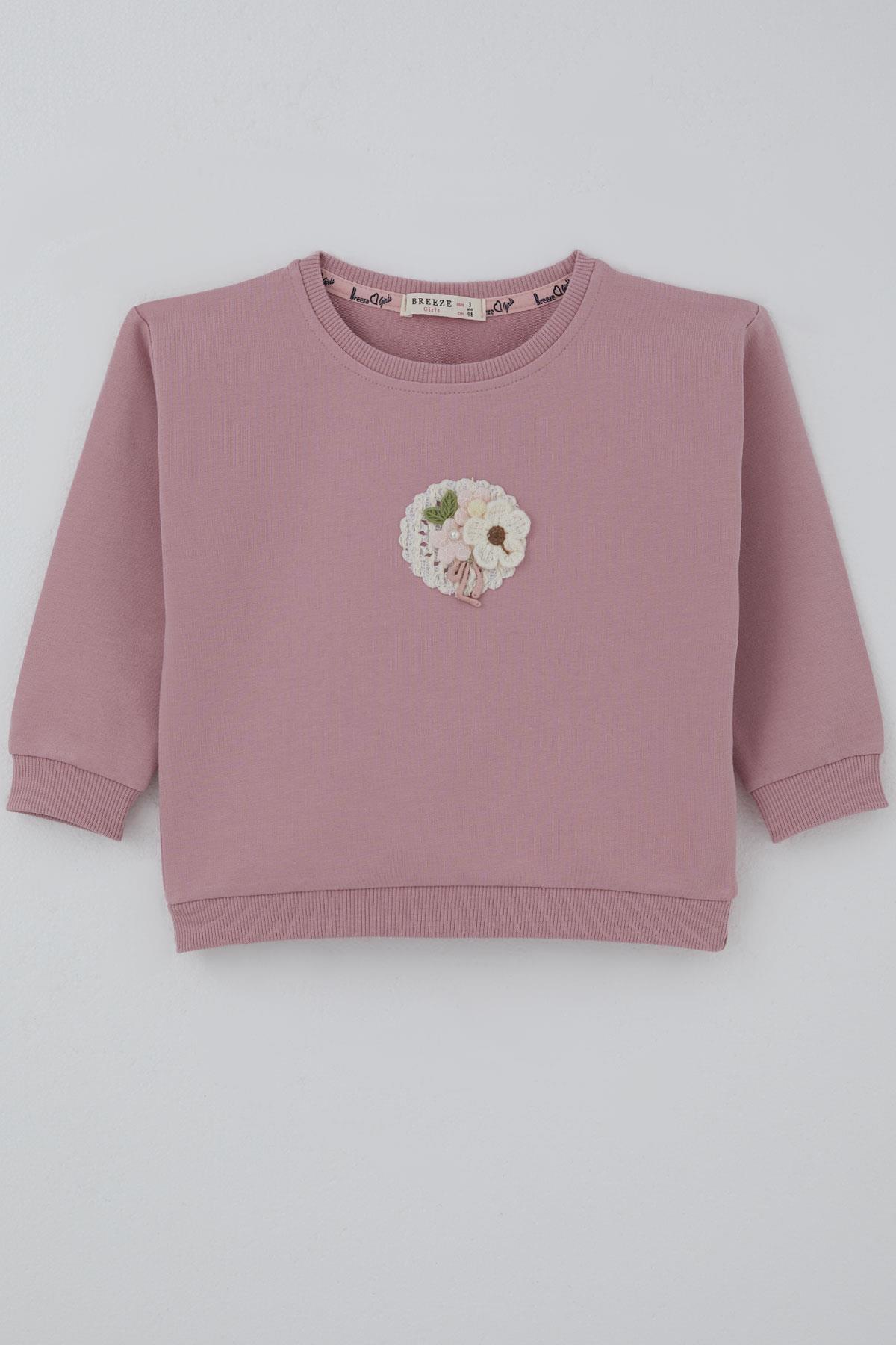 Breeze Kız Çocuk Sweatshirt Triko Çiçek Aplike Armalı Gülkurusu (2-6 Yaş)