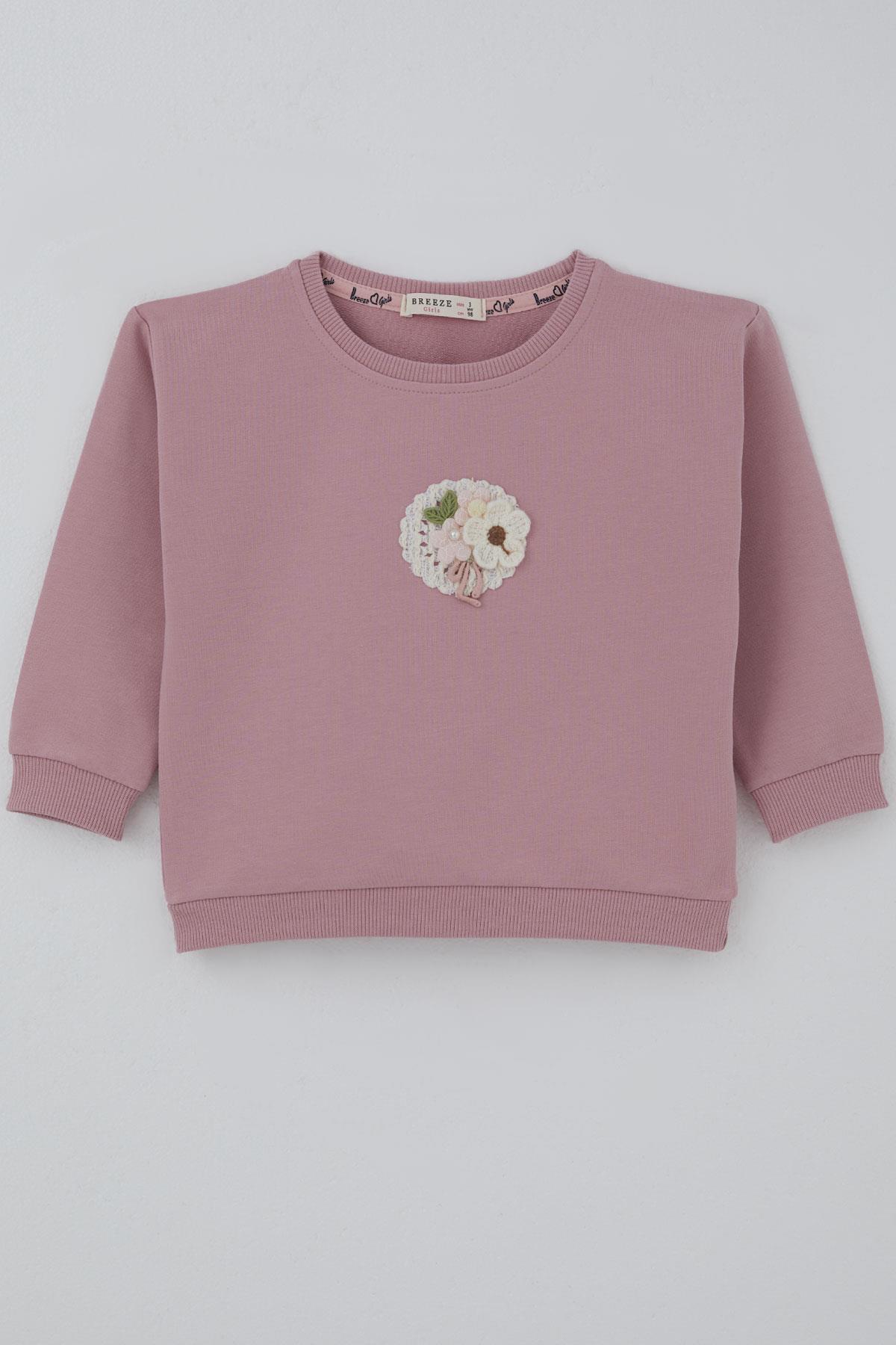Breeze Kız Çocuk Sweatshirt Triko Çiçek Aplike Armalı Gülkurusu (2-6 Yaş)