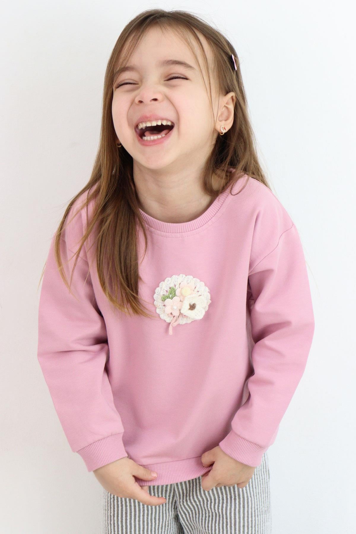 Breeze Kız Çocuk Sweatshirt Triko Çiçek Aplike Armalı Gülkurusu (2-6 Yaş)