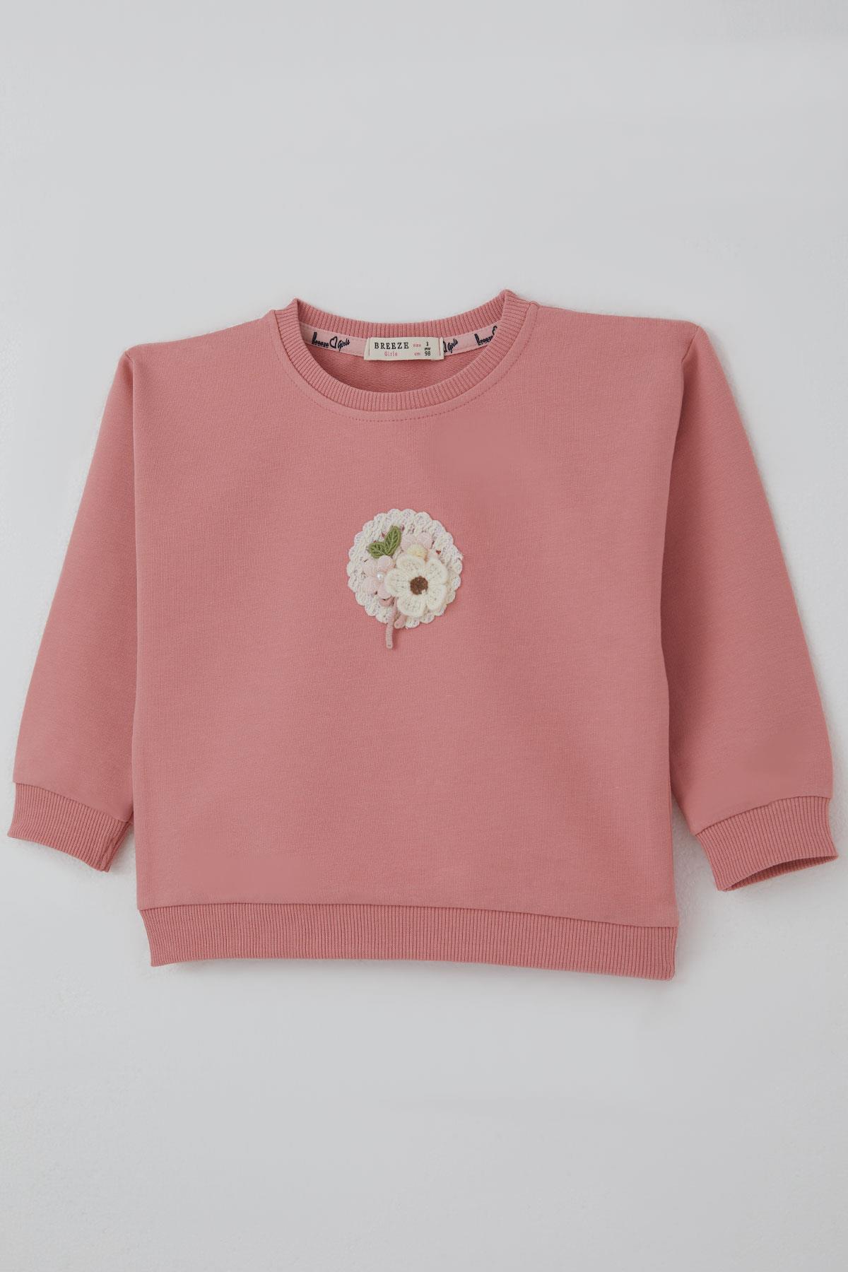 Breeze Kız Çocuk Sweatshirt Triko Çiçek Aplike Armalı Gülkurusu (2-6 Yaş)