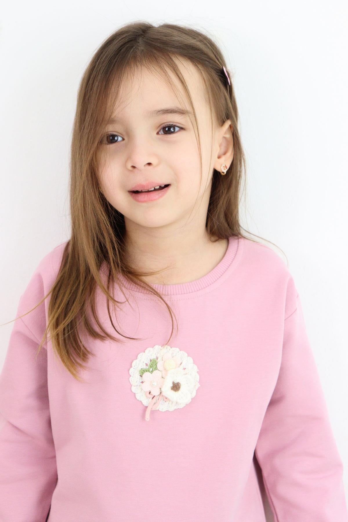 Breeze Kız Çocuk Sweatshirt Triko Çiçek Aplike Armalı Gülkurusu (2-6 Yaş)
