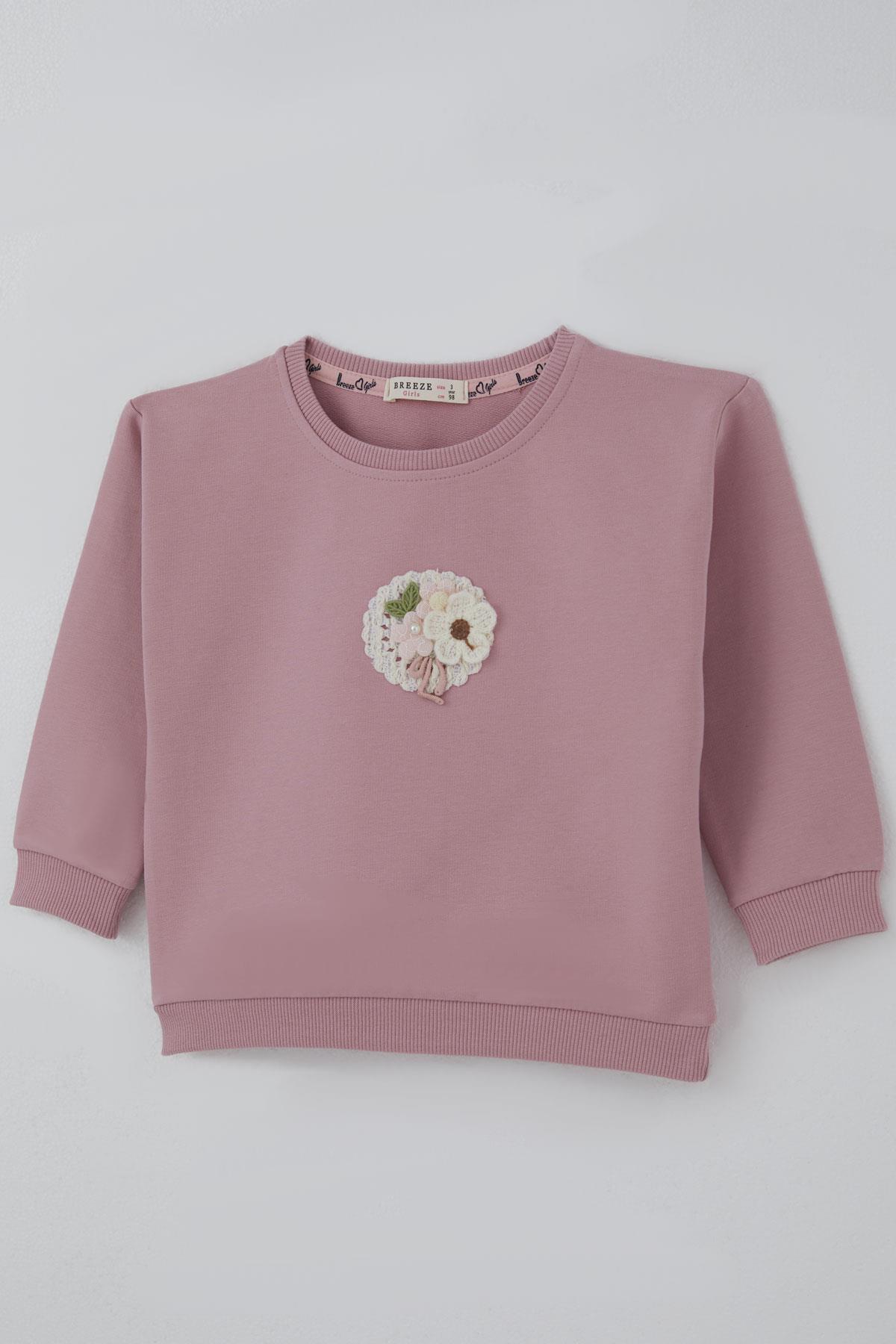 Breeze Kız Çocuk Sweatshirt Triko Çiçek Aplike Armalı Gülkurusu (2-6 Yaş)