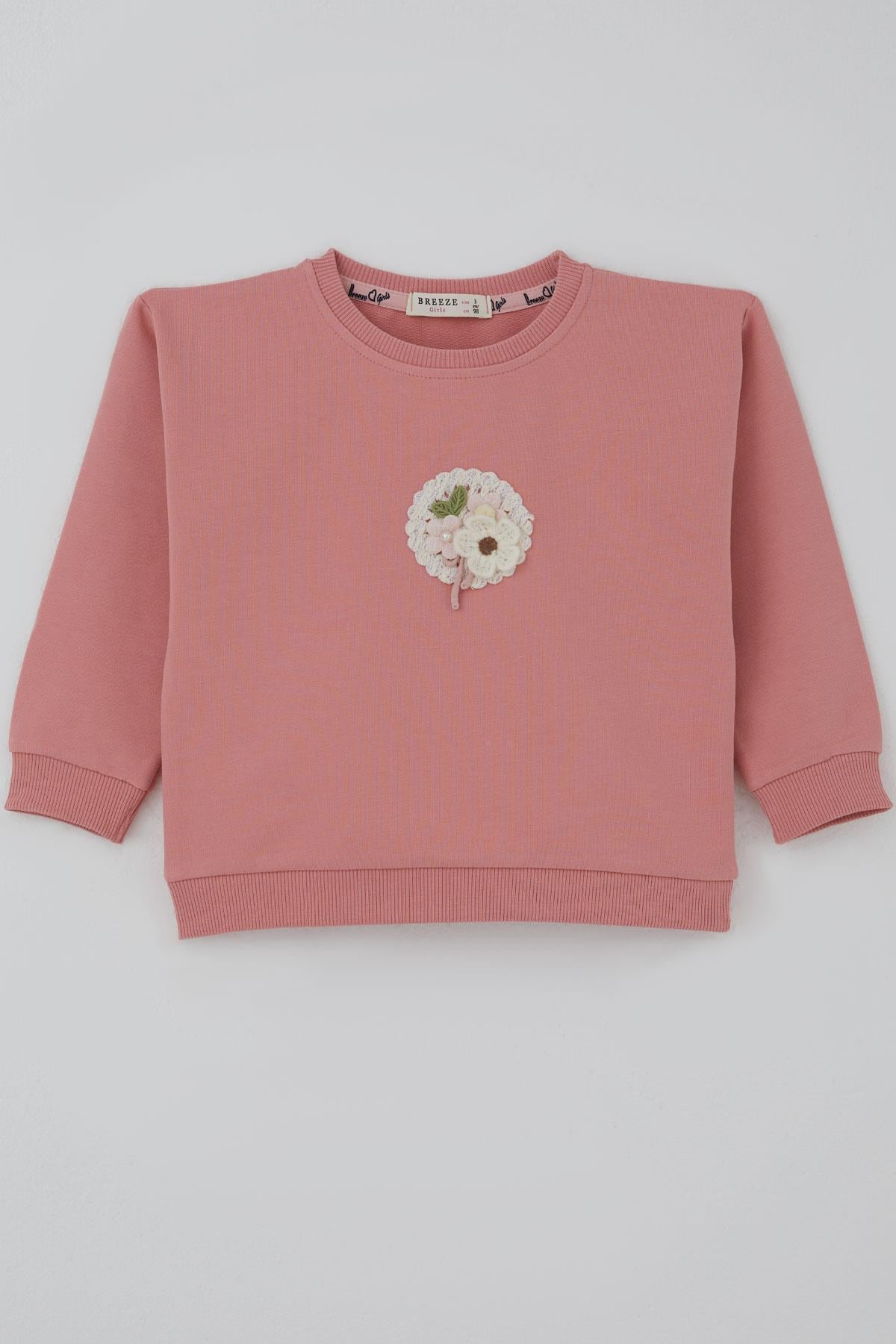Breeze Kız Çocuk Sweatshirt Triko Çiçek Aplike Armalı Gülkurusu (2-6 Yaş)