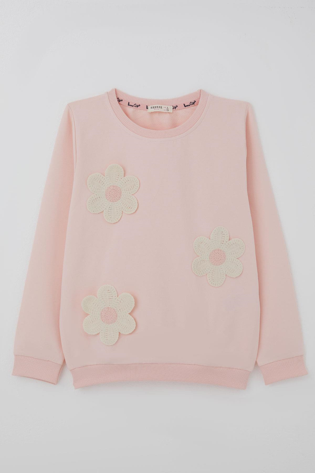 Breeze Kız Çocuk Sweatshirt Triko Papatya Aplikeli Pudra (4-8 Yaş)