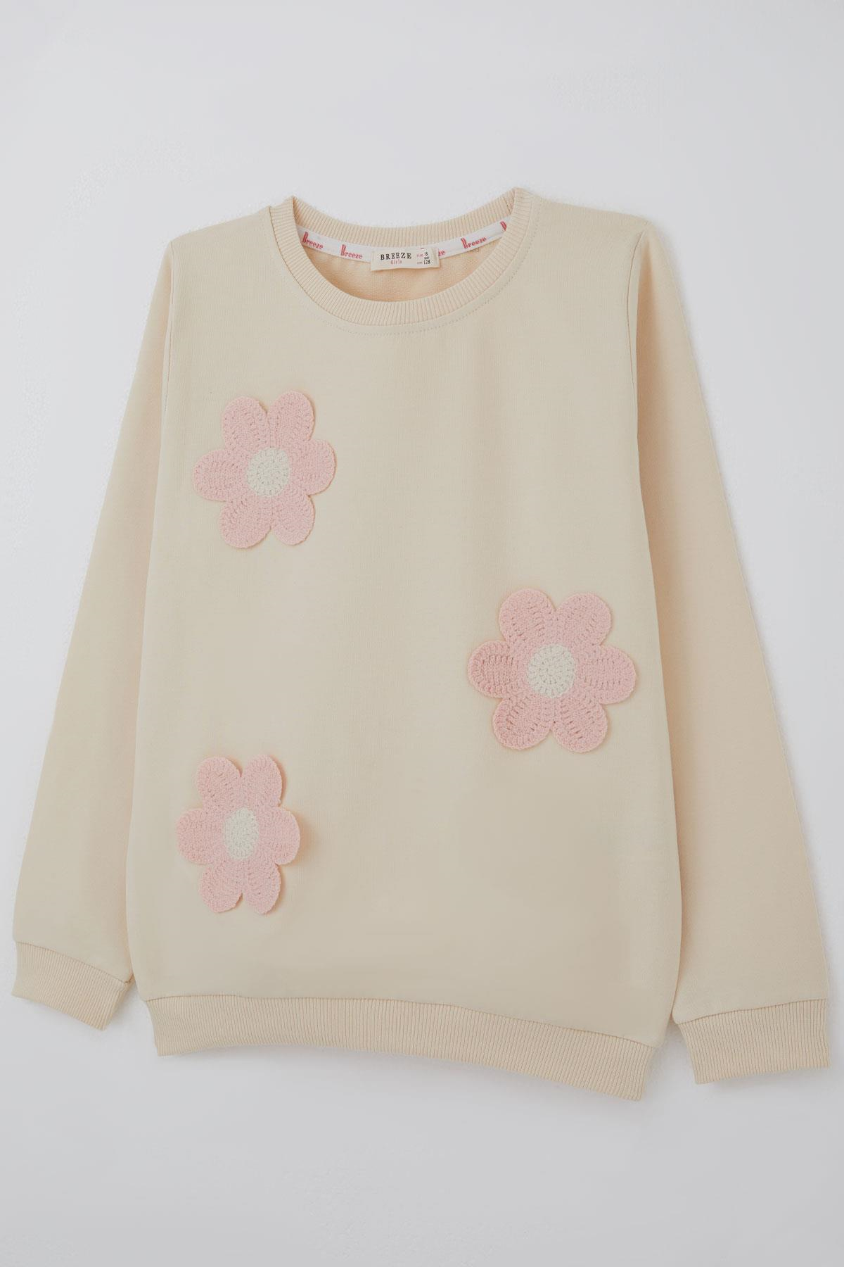 Breeze Kız Çocuk Sweatshirt Triko Papatya Aplikeli Krem (4-8 Yaş)