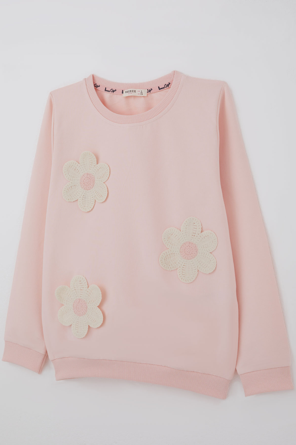Breeze Kız Çocuk Sweatshirt Triko Papatya Aplikeli Pudra (4-8 Yaş)