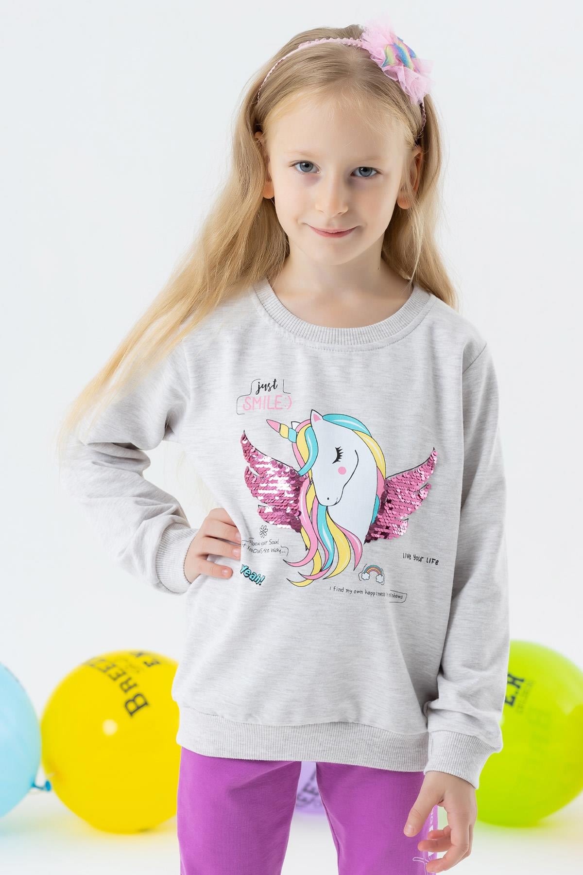 Breeze Kız Çocuk Sweatshirt Unicorn Baskılı Gri Melanj (2-3 Yaş)