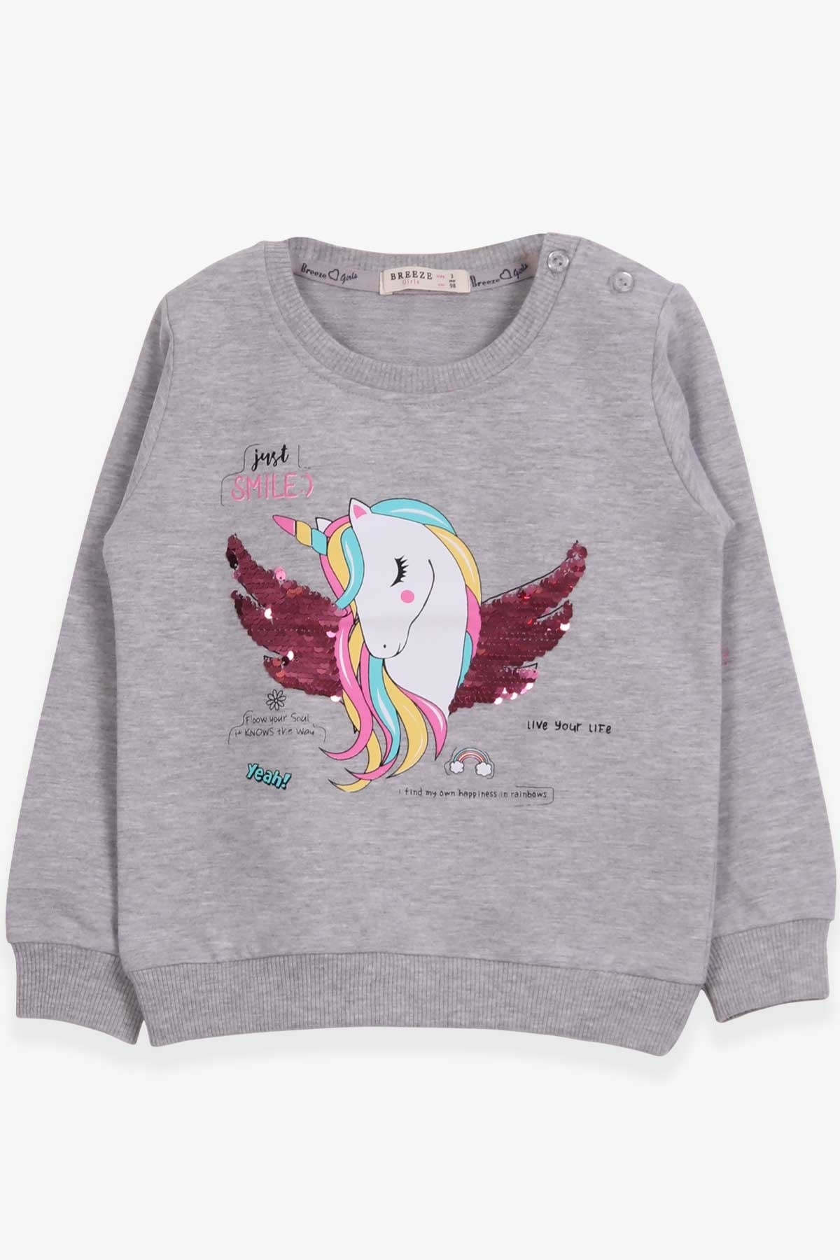 Breeze Kız Çocuk Sweatshirt Unicorn Baskılı Gri Melanj (2-6 Yaş)