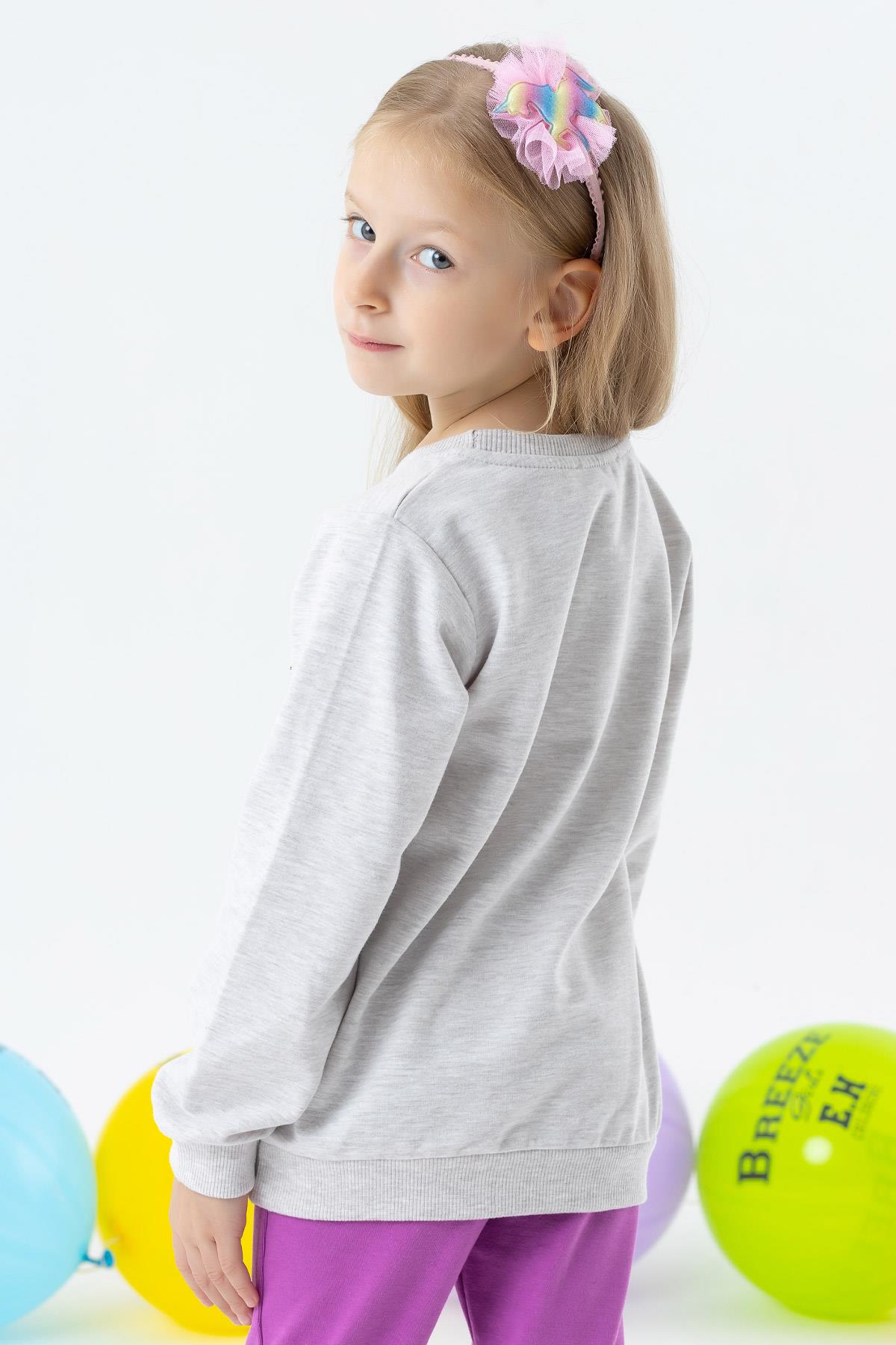 Breeze Kız Çocuk Sweatshirt Unicorn Baskılı Gri Melanj (2-3 Yaş)