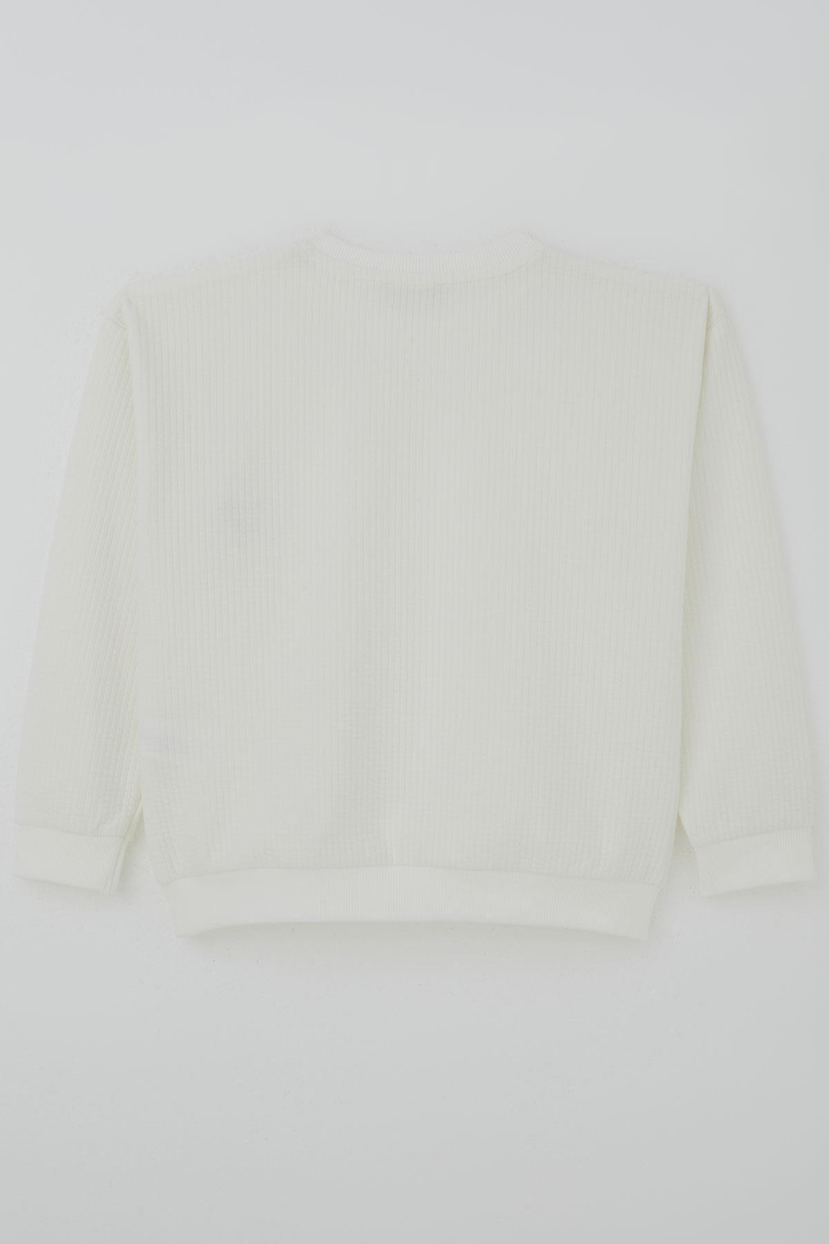 Breeze Kız Çocuk Sweatshirt Waffle Dokulu Kalpli Ponponlu Arma Detaylı Ekru (5-9 Yaş)