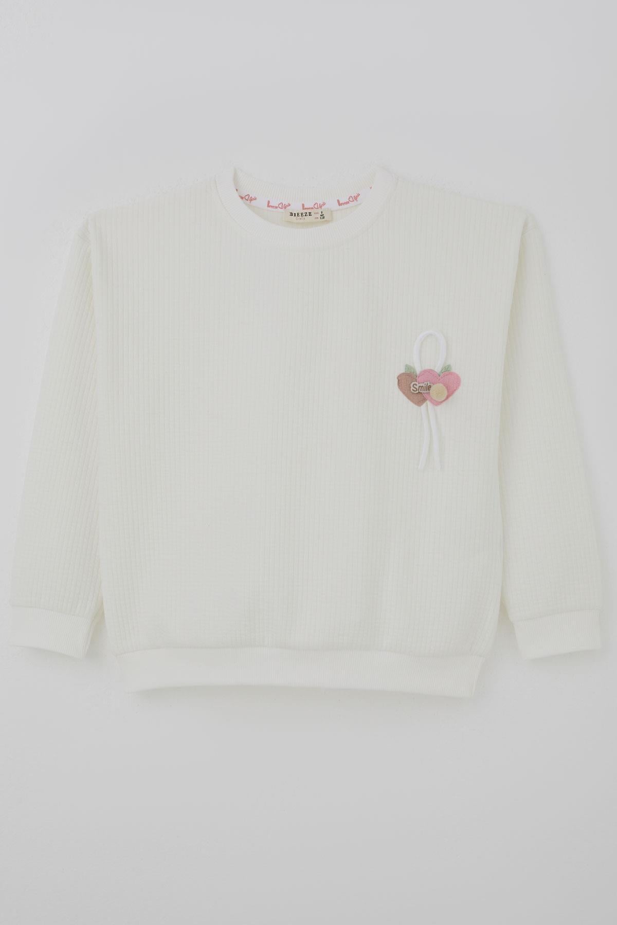 Breeze Kız Çocuk Sweatshirt Waffle Dokulu Kalpli Ponponlu Arma Detaylı Ekru (5-9 Yaş)