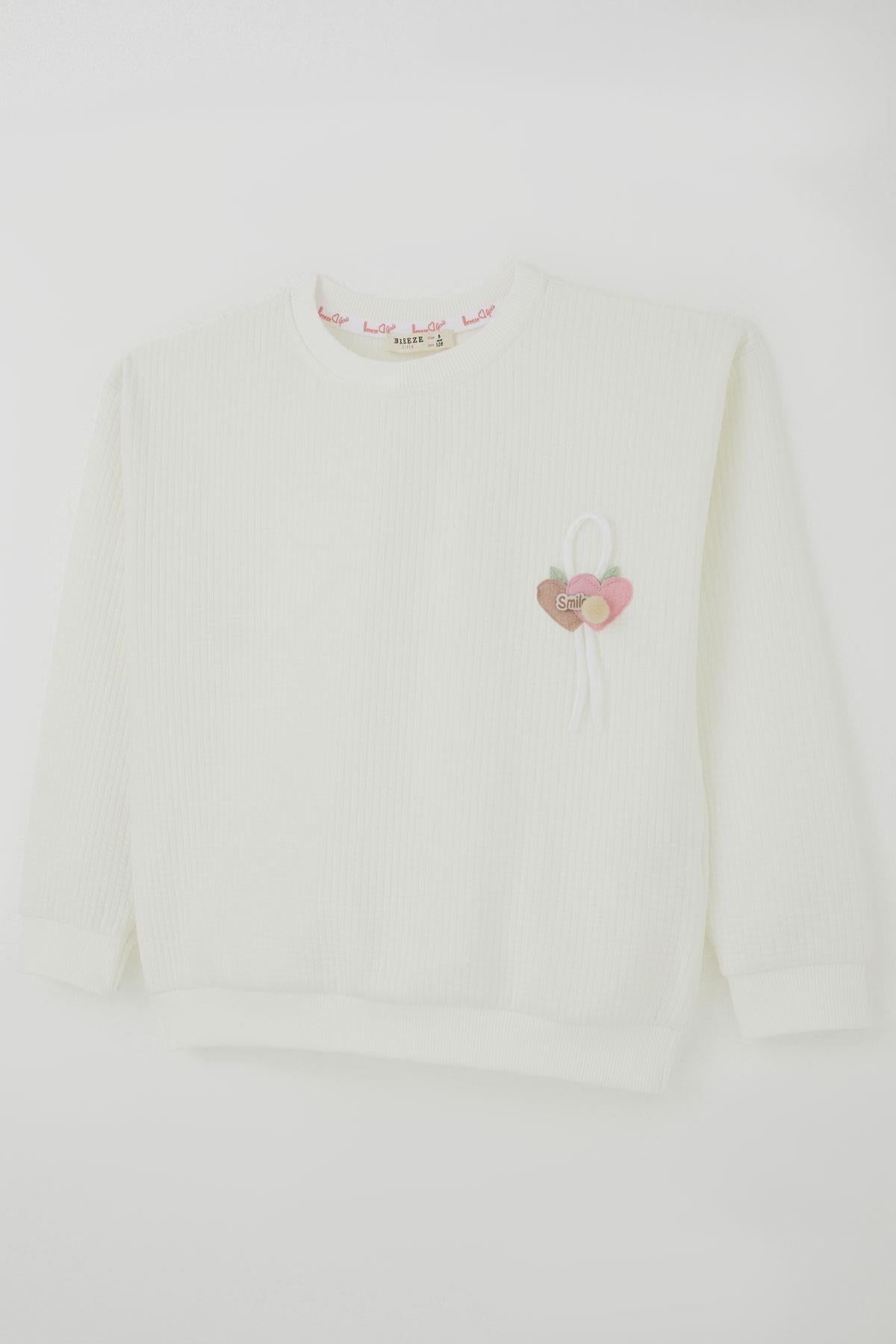 Breeze Kız Çocuk Sweatshirt Waffle Dokulu Kalpli Ponponlu Arma Detaylı Ekru (5-9 Yaş)