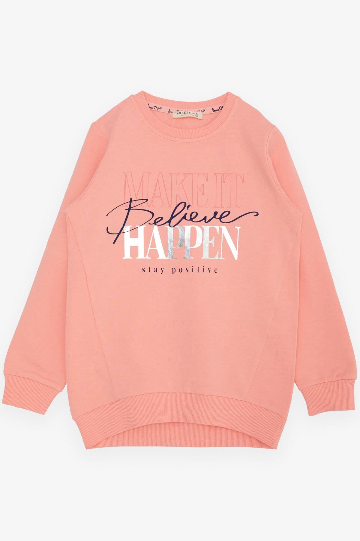Breeze Kız Çocuk Sweatshirt Yaldızlı Yazı Baskılı Somon (6-12 Yaş)