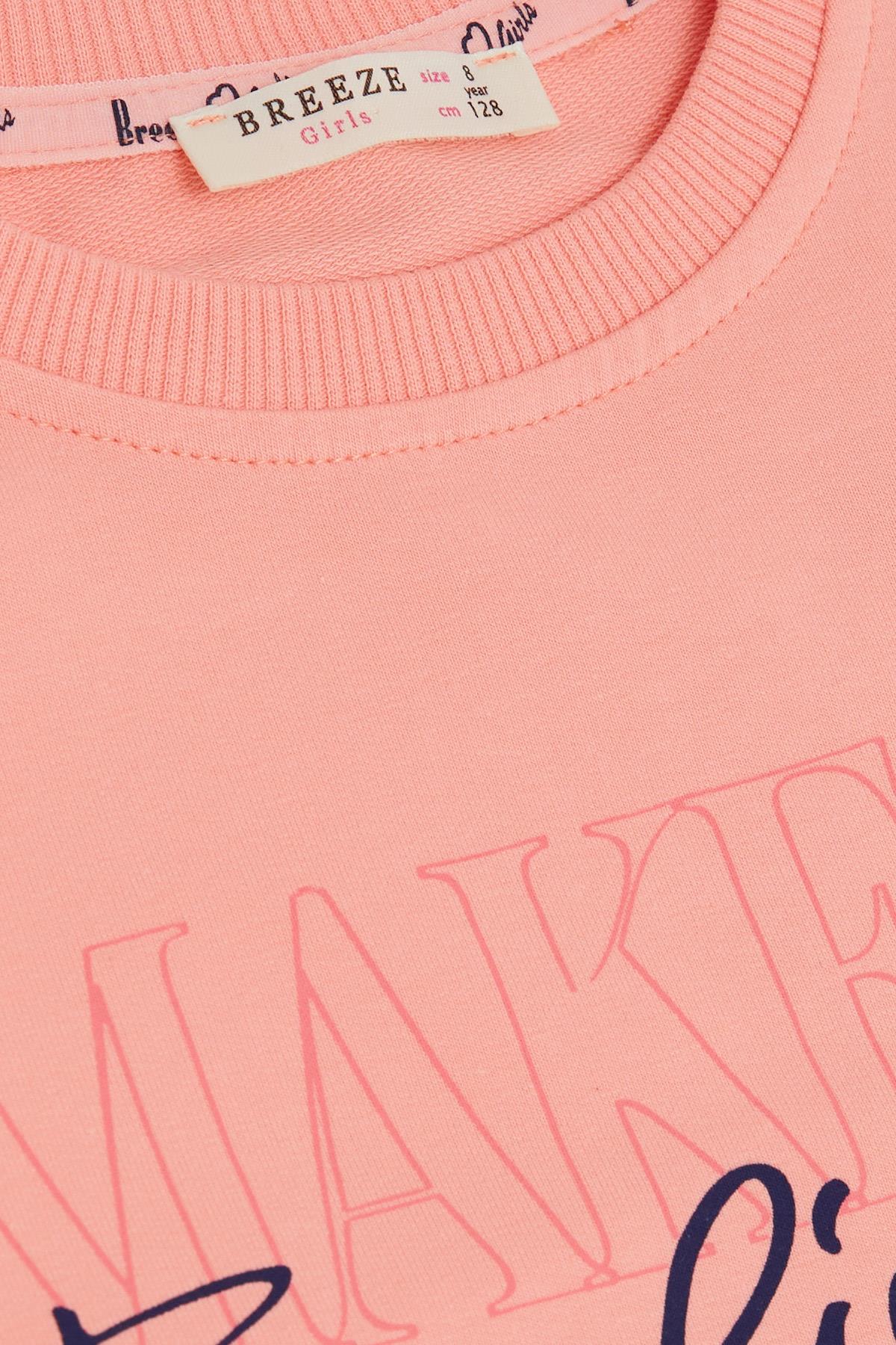 Breeze Kız Çocuk Sweatshirt Yaldızlı Yazı Baskılı Somon (6-12 Yaş)