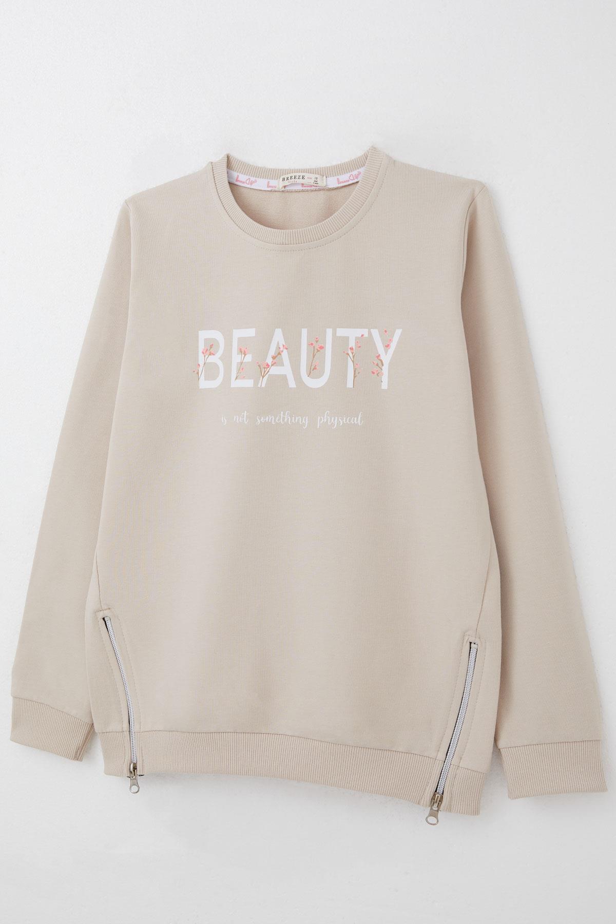 Breeze Kız Çocuk Sweatshirt Yazı Baskılı Kenarları Fermuar Detaylı Bej (9-14 Yaş)